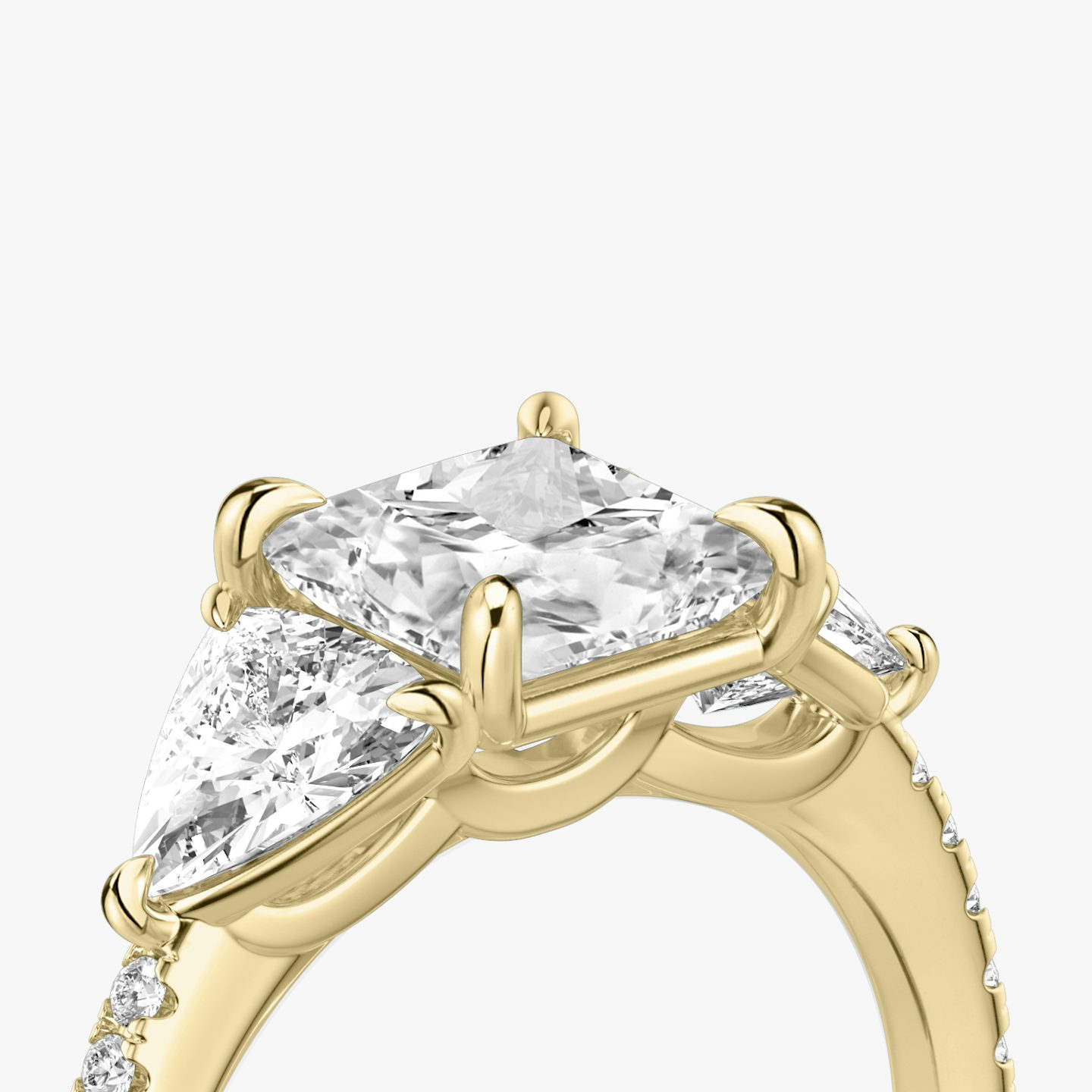 The Three Stone | Princess | 18k | 18k Yellow Gold | Band: Pavé | Side stone carat: 1/2 | Side stone shape: Trillion | Diamond orientation: vertical | Carat weight: See full inventory