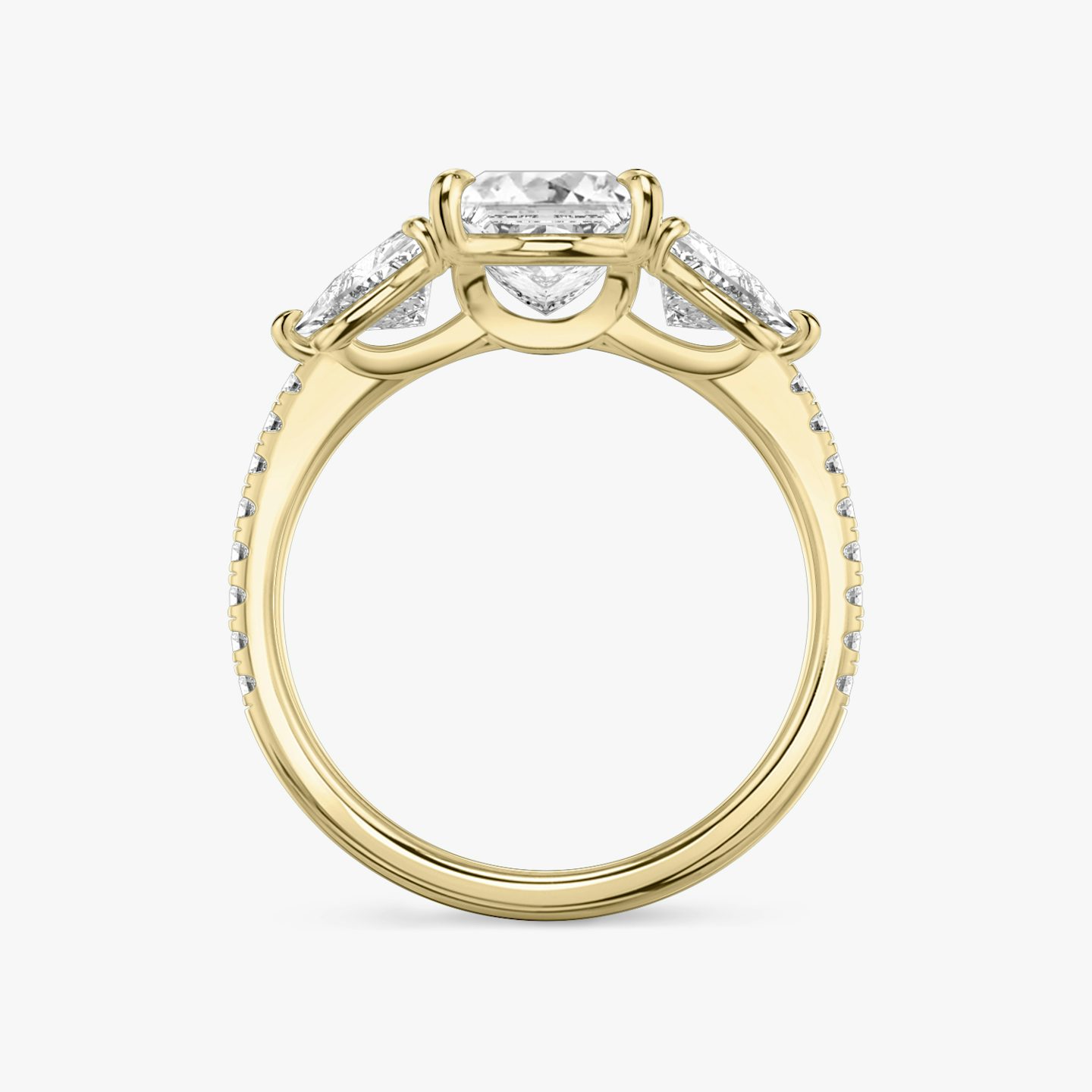 The Three Stone | Princess | 18k | 18k Yellow Gold | Band: Pavé | Side stone carat: 1/2 | Side stone shape: Trillion | Diamond orientation: vertical | Carat weight: See full inventory