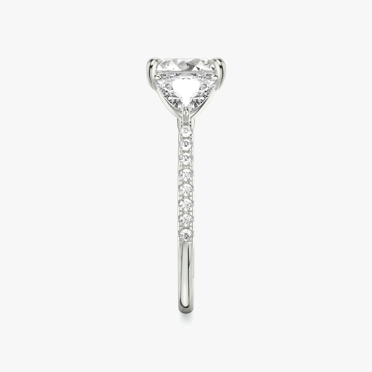 The Three Stone | Princess | 18k | 18k White Gold | Band: Pavé | Side stone carat: 1/2 | Side stone shape: Trillion | Diamond orientation: vertical | Carat weight: See full inventory