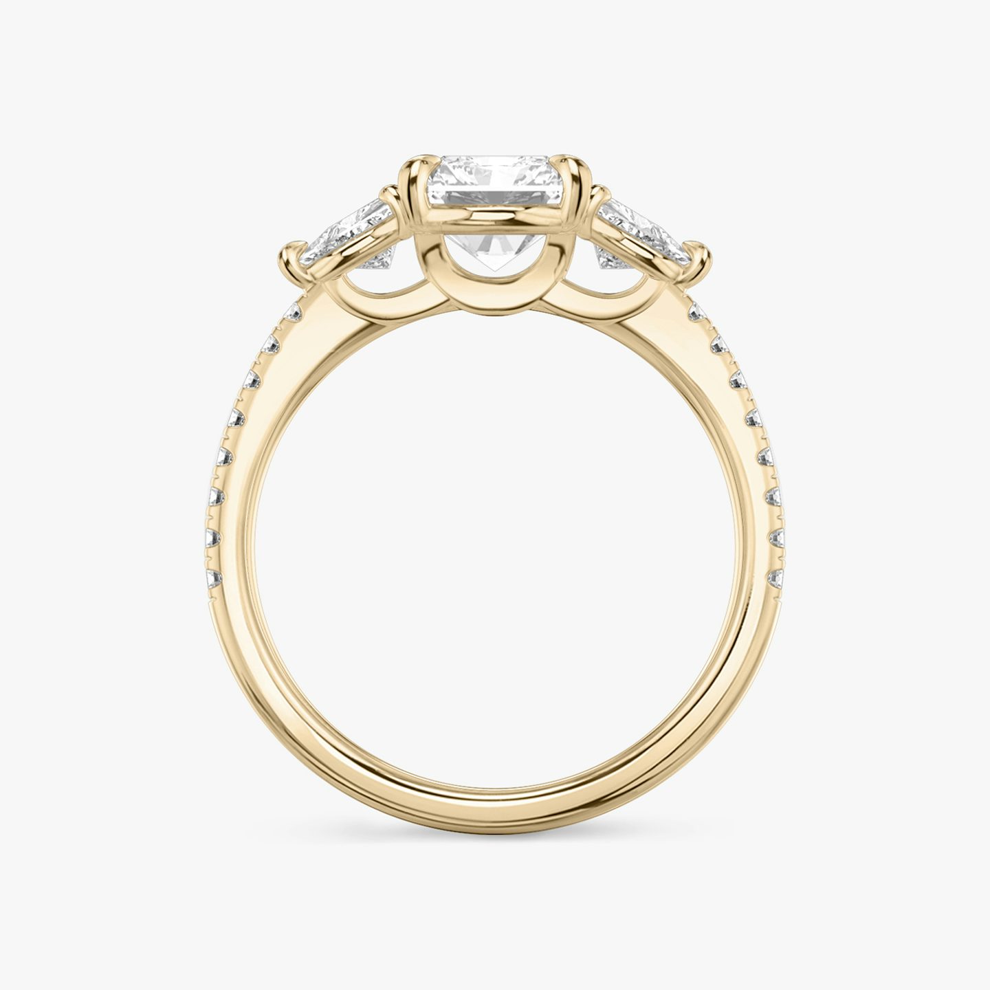 The Three Stone | Radiant | 14k | 14k Rose Gold | Band: Pavé | Side stone carat: 1/4 | Side stone shape: Trillion | Diamond orientation: vertical | Carat weight: See full inventory