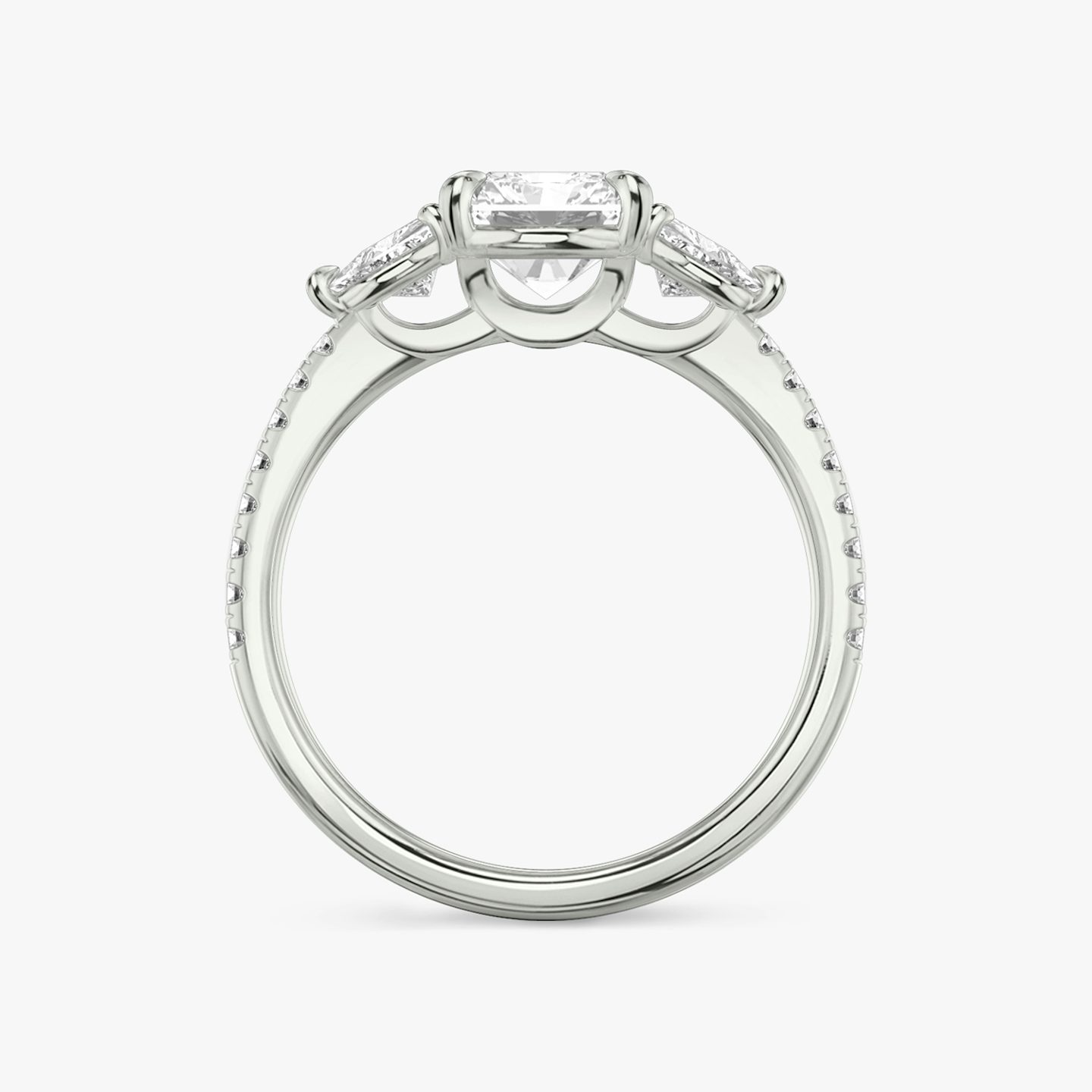 The Three Stone | Radiant | 18k | 18k White Gold | Band: Pavé | Side stone carat: 1/4 | Side stone shape: Trillion | Diamond orientation: vertical | Carat weight: See full inventory