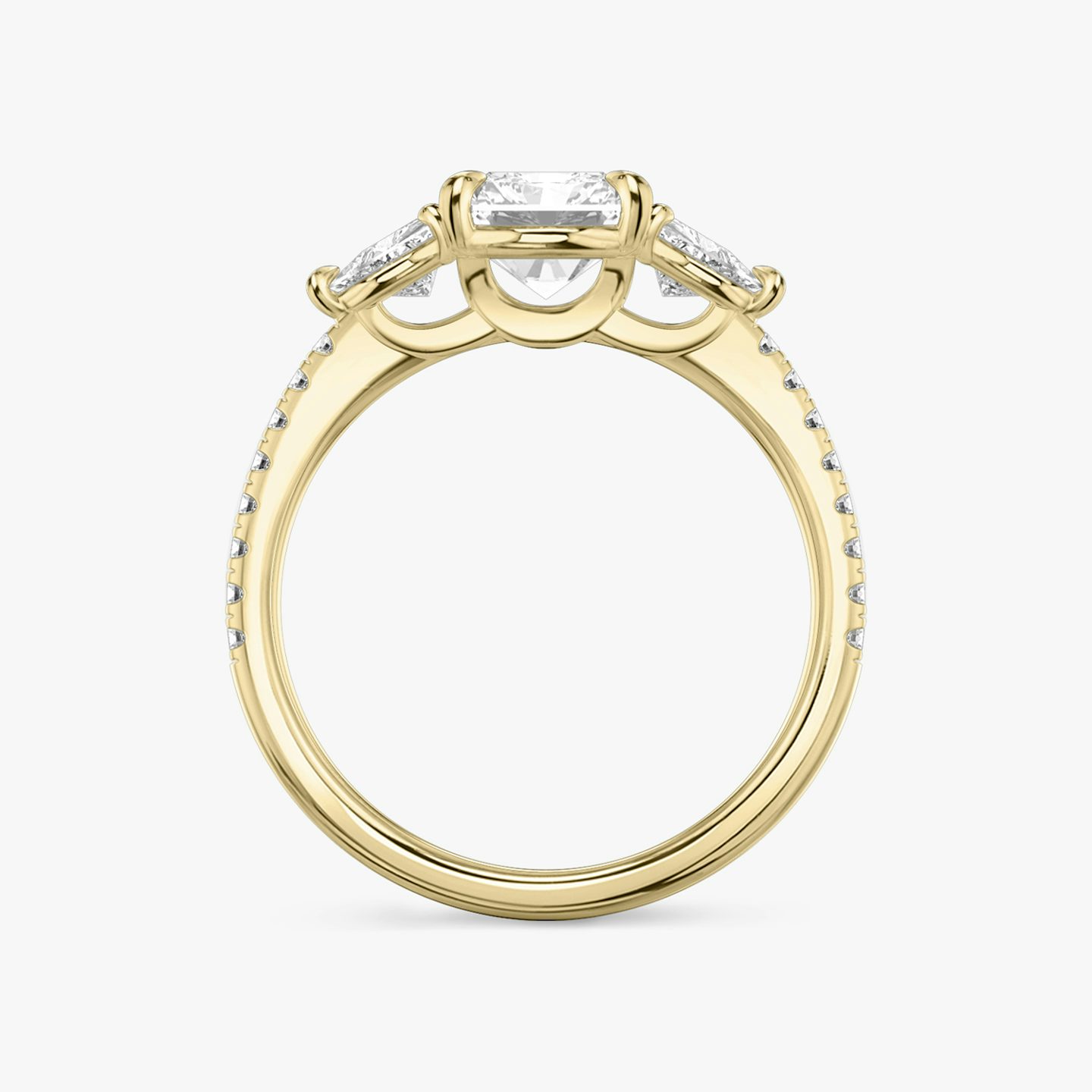 The Three Stone | Radiant | 18k | 18k Yellow Gold | Band: Pavé | Side stone carat: 1/4 | Side stone shape: Trillion | Diamond orientation: vertical | Carat weight: See full inventory
