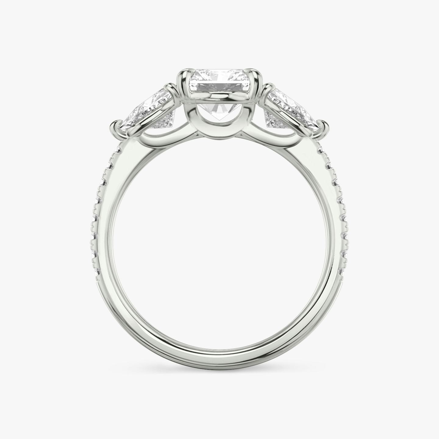 The Three Stone | Radiant | 18k | 18k White Gold | Band: Pavé | Side stone carat: 1/2 | Side stone shape: Trillion | Diamond orientation: vertical | Carat weight: See full inventory
