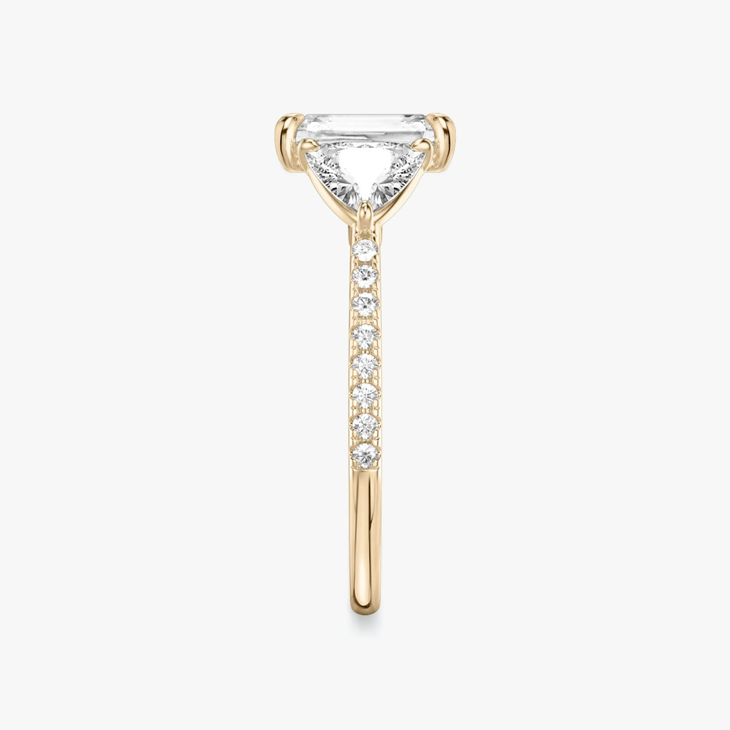 The Three Stone | Radiant | 14k | 14k Rose Gold | Band: Pavé | Side stone carat: 1/2 | Side stone shape: Trillion | Diamond orientation: vertical | Carat weight: See full inventory