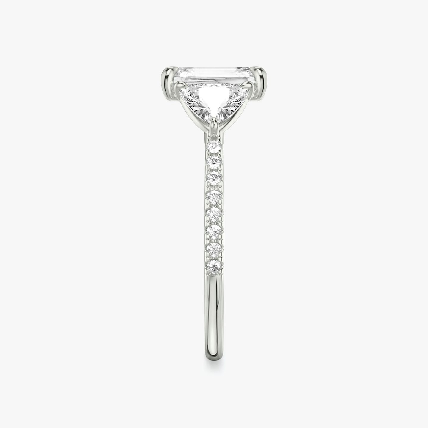 The Three Stone | Radiant | 18k | 18k White Gold | Band: Pavé | Side stone carat: 1/2 | Side stone shape: Trillion | Diamond orientation: vertical | Carat weight: See full inventory
