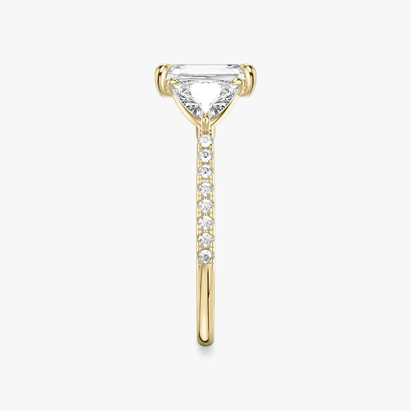 The Three Stone | Radiant | 18k | 18k Yellow Gold | Band: Pavé | Side stone carat: 1/2 | Side stone shape: Trillion | Diamond orientation: vertical | Carat weight: See full inventory