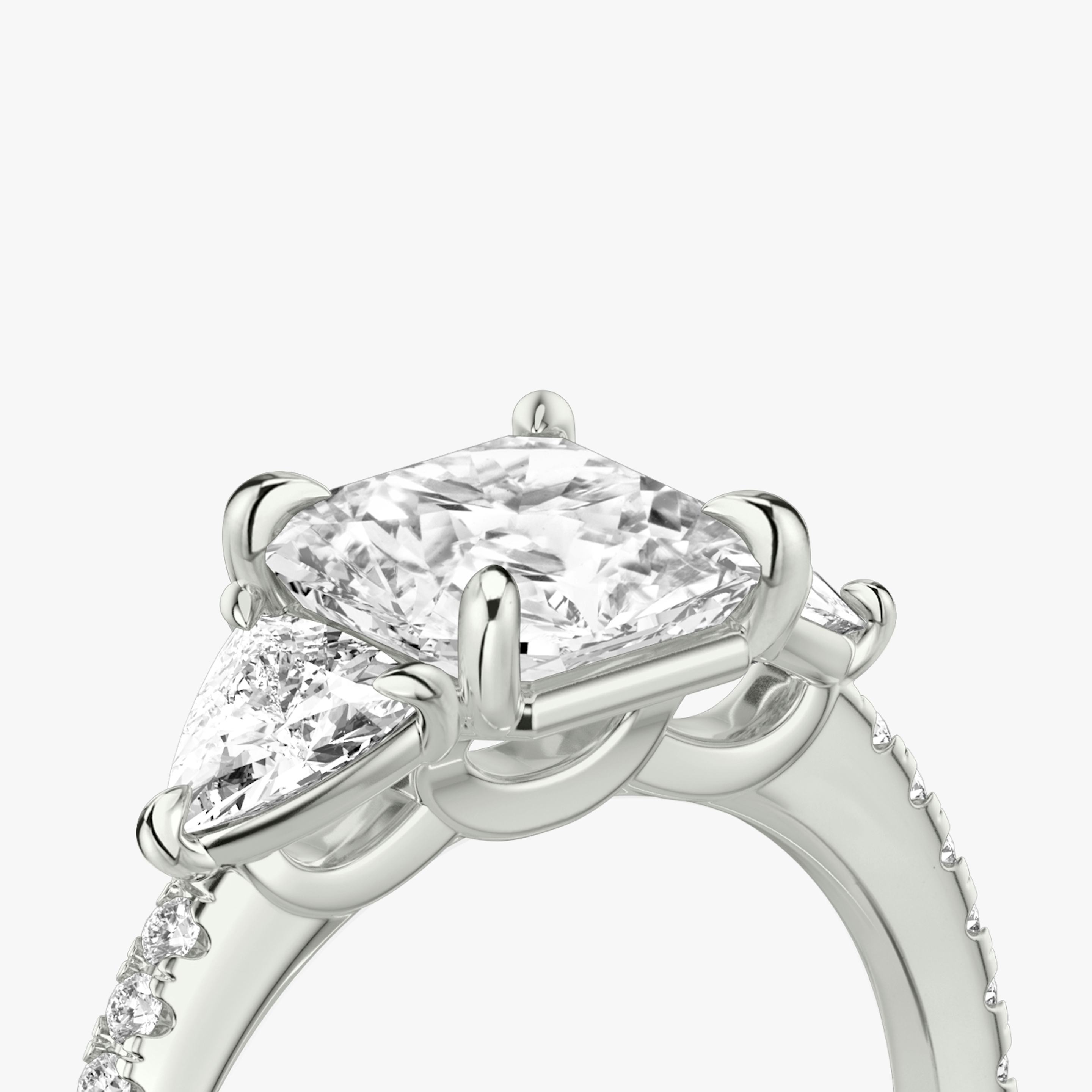 The Three Stone | Asscher | Platinum | Band: Pavé | Side stone carat: 1/4 | Side stone shape: Trillion | Diamond orientation: vertical | Carat weight: See full inventory