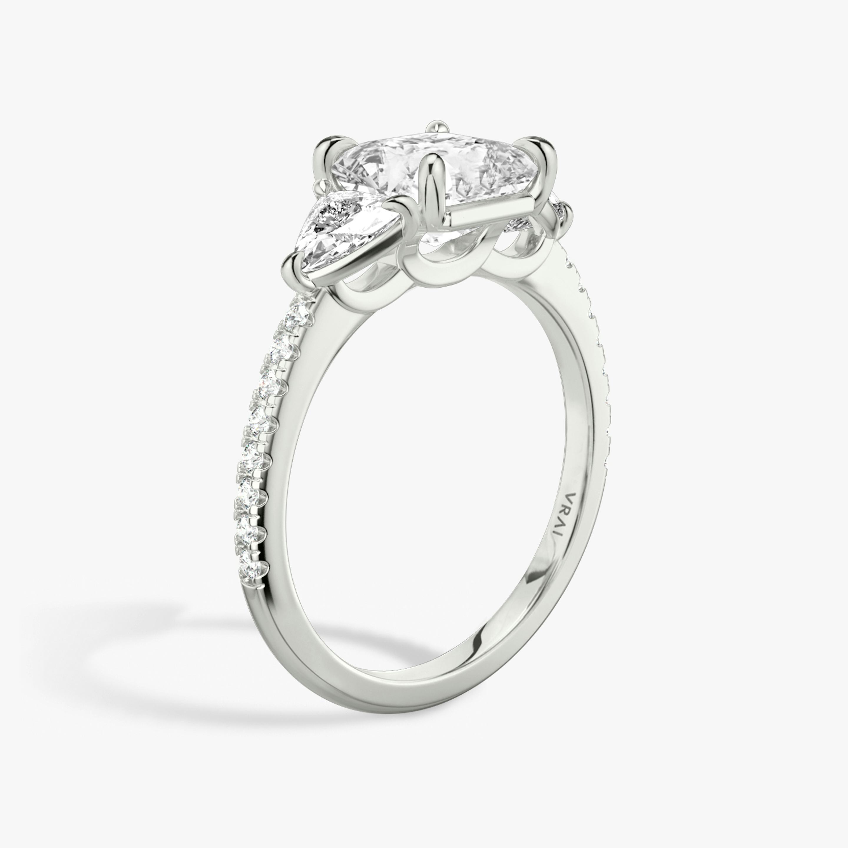 The Three Stone | Asscher | Platinum | Band: Pavé | Side stone carat: 1/4 | Side stone shape: Trillion | Diamond orientation: vertical | Carat weight: See full inventory