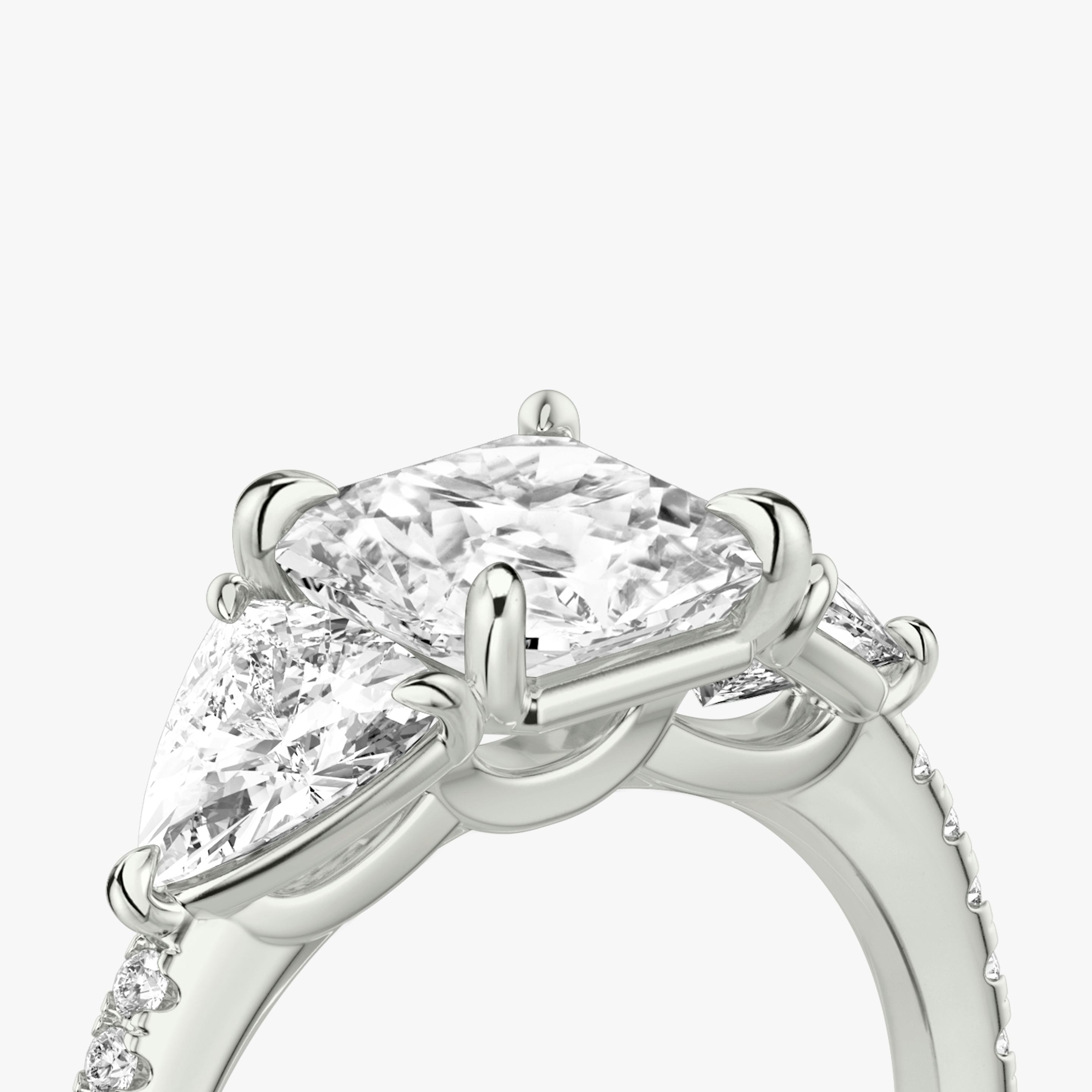 The Three Stone | Asscher | Platinum | Band: Pavé | Side stone carat: 1/2 | Side stone shape: Trillion | Diamond orientation: vertical | Carat weight: See full inventory