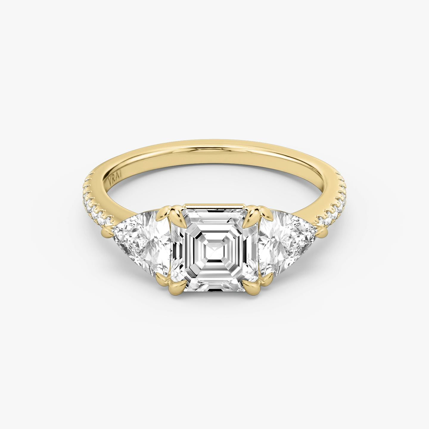The Three Stone | Asscher | 18k | 18k Yellow Gold | Band: Pavé | Side stone carat: 1/2 | Side stone shape: Trillion | Diamond orientation: vertical | Carat weight: See full inventory