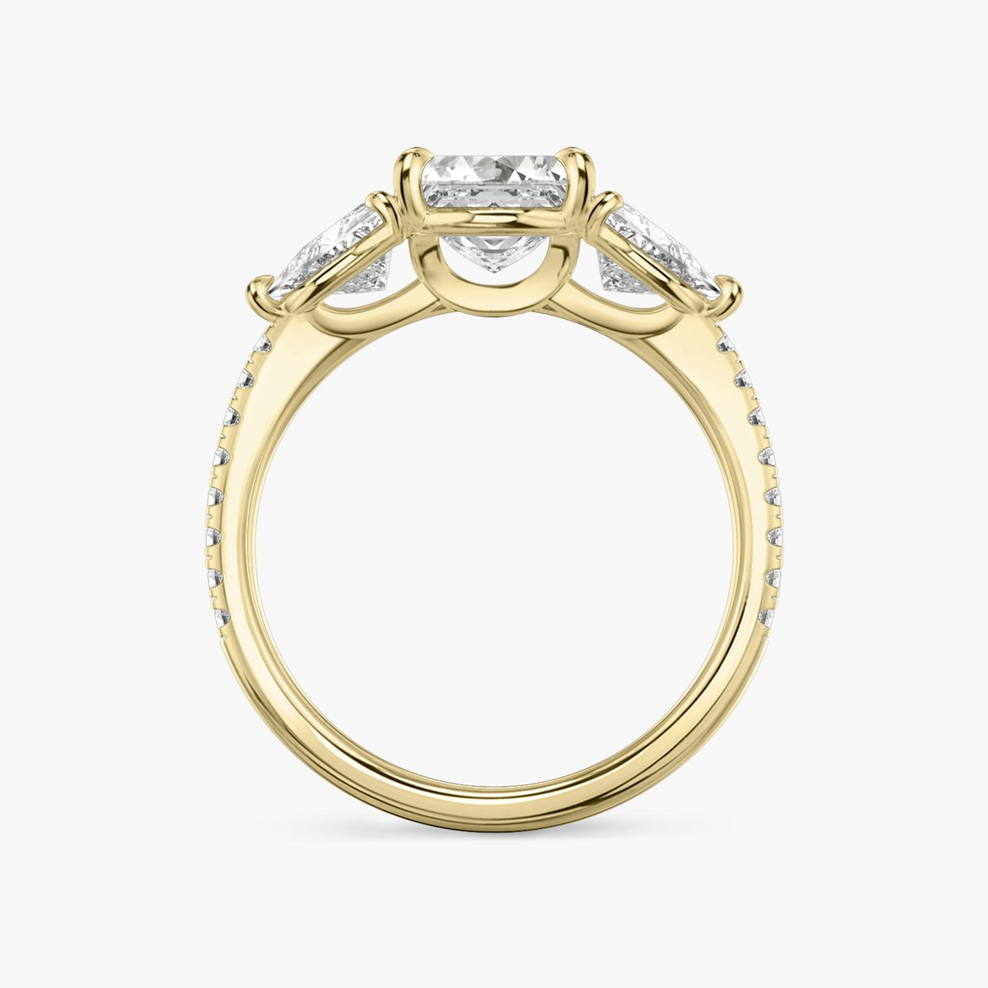 The Three Stone | Asscher | 18k | 18k Yellow Gold | Band: Pavé | Side stone carat: 1/2 | Side stone shape: Trillion | Diamond orientation: vertical | Carat weight: See full inventory