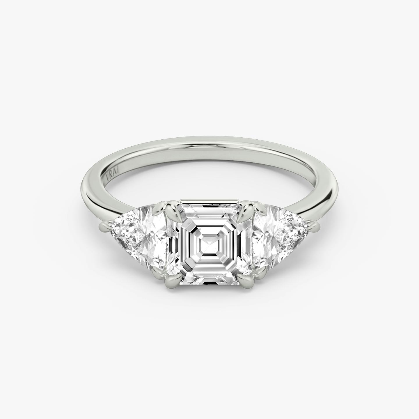 The Three Stone | Asscher | 18k | 18k White Gold | Band: Plain | Side stone carat: 1/2 | Side stone shape: Trillion | Diamond orientation: vertical | Carat weight: See full inventory