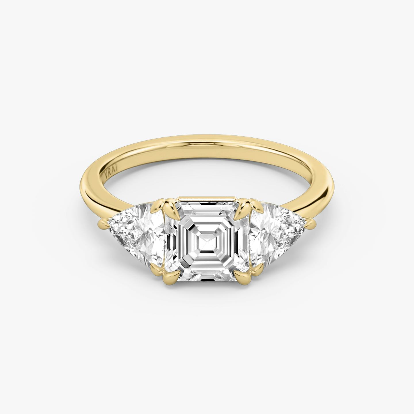 The Three Stone | Asscher | 18k | 18k Yellow Gold | Band: Plain | Side stone carat: 1/2 | Side stone shape: Trillion | Diamond orientation: vertical | Carat weight: See full inventory