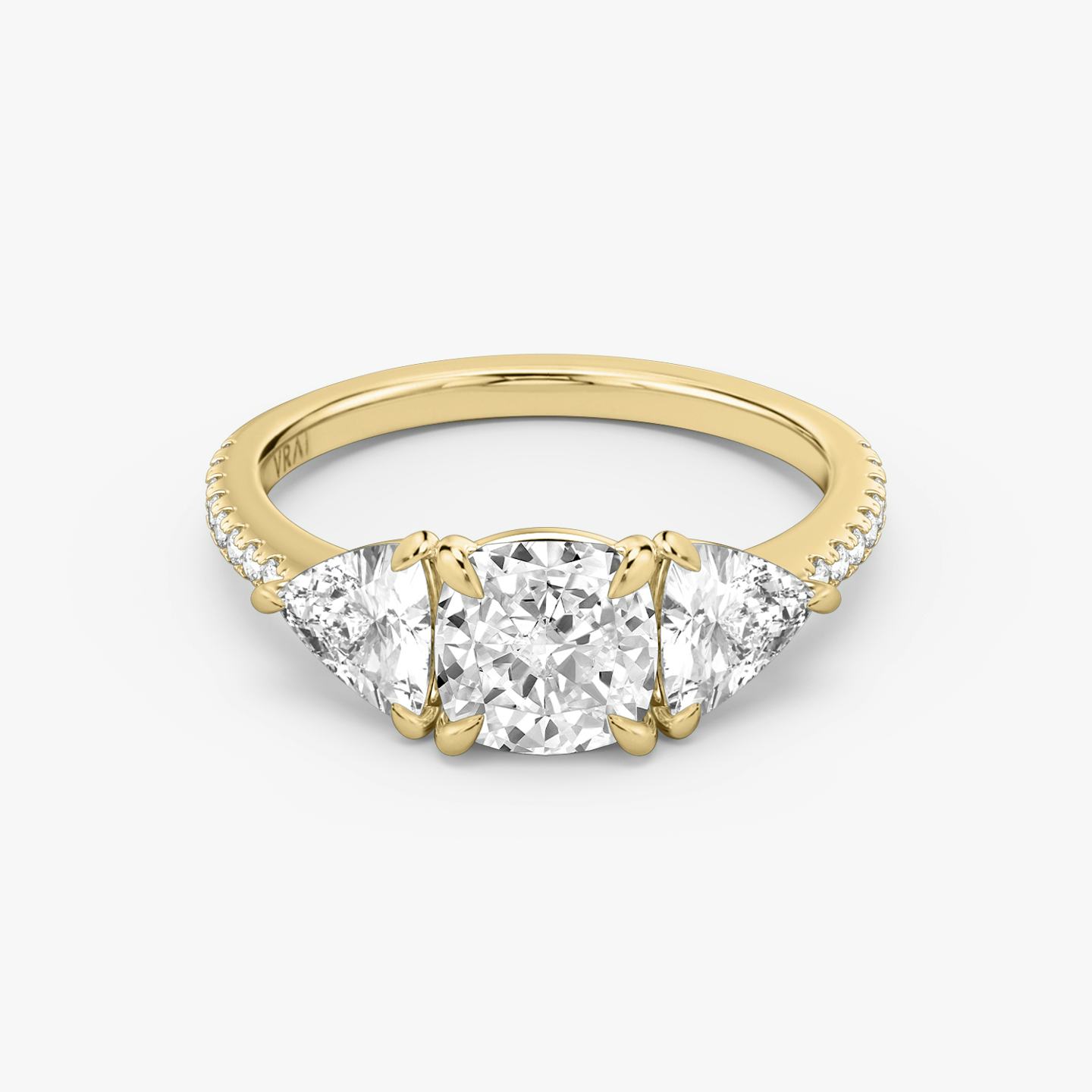 The Three Stone | Pavé Cushion | 18k | 18k Yellow Gold | Band: Pavé | Side stone carat: 1/2 | Side stone shape: Trillion | Diamond orientation: vertical | Carat weight: See full inventory