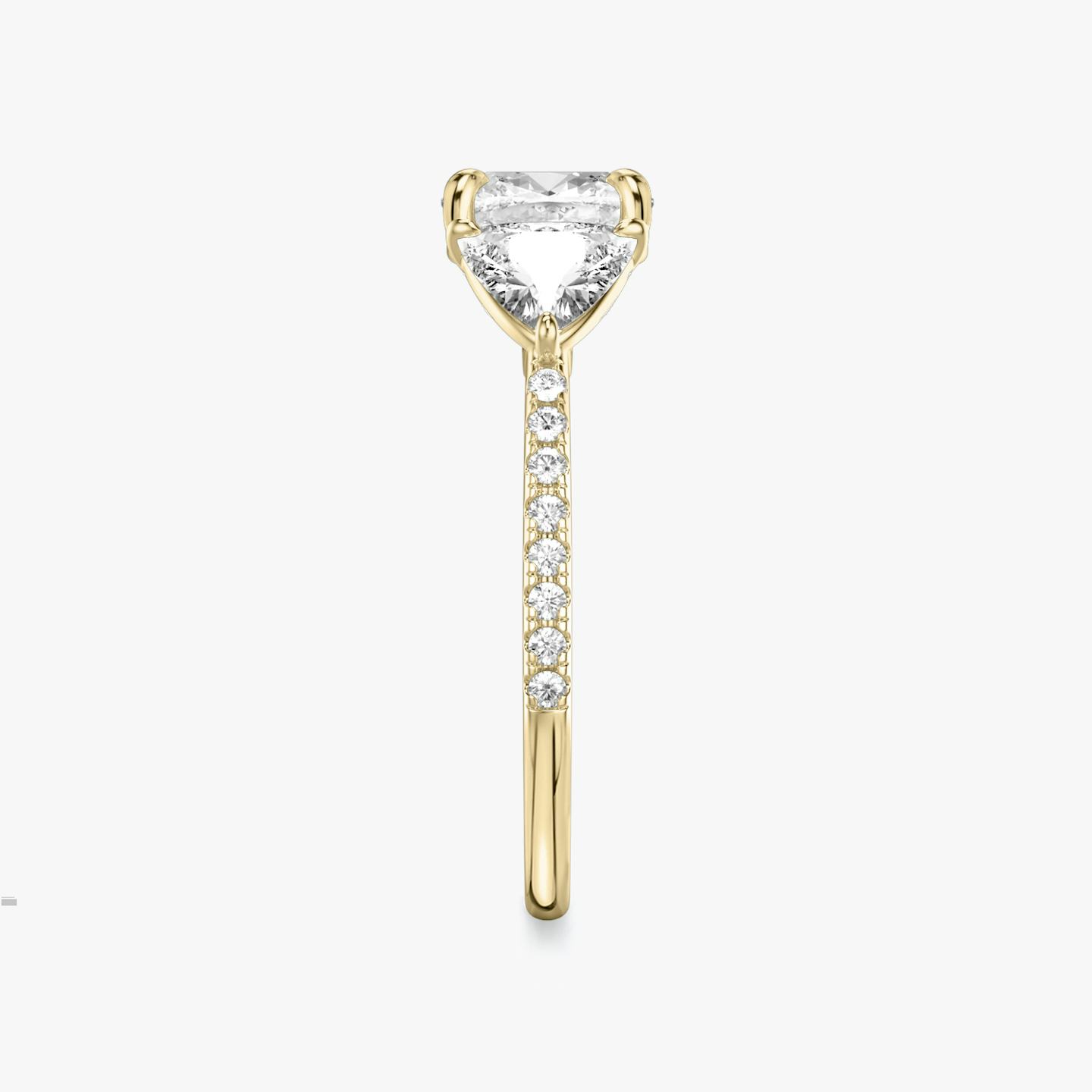 The Three Stone | Pavé Cushion | 18k | 18k Yellow Gold | Band: Pavé | Side stone carat: 1/2 | Side stone shape: Trillion | Diamond orientation: vertical | Carat weight: See full inventory