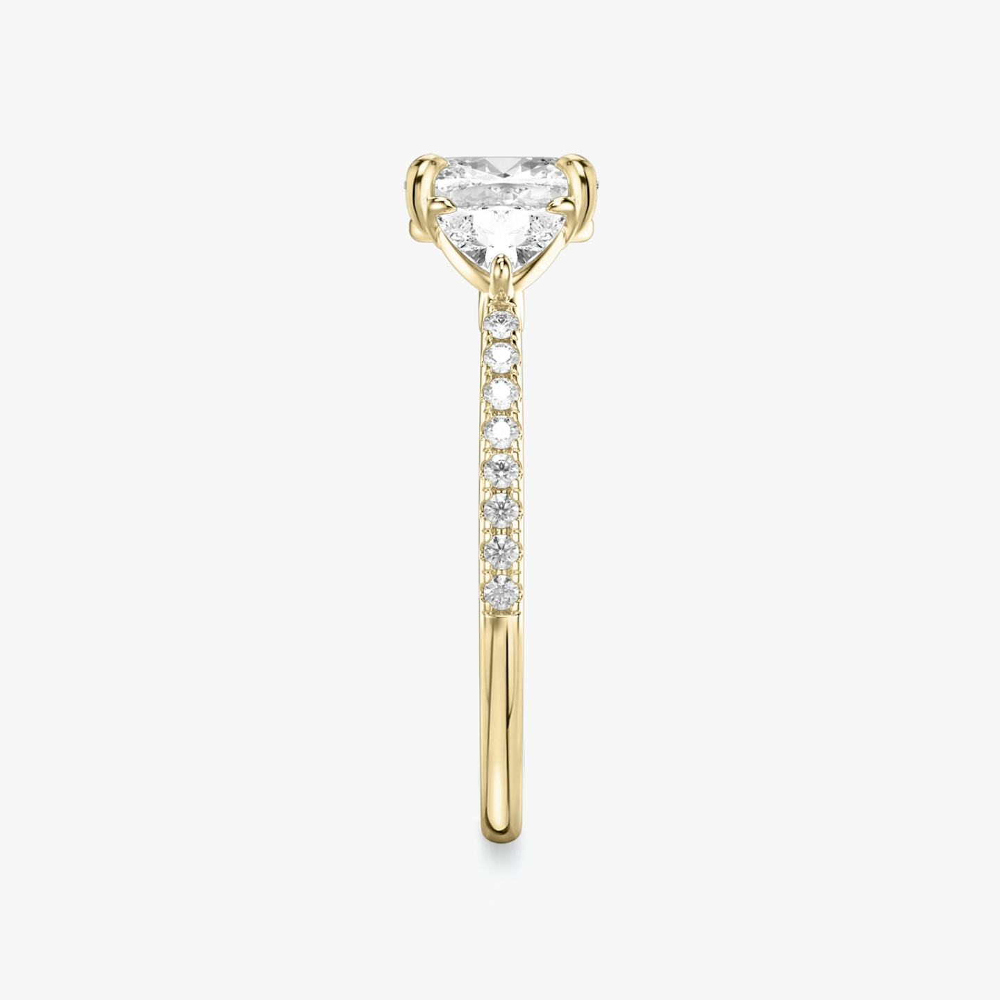 The Three Stone | Pavé Cushion | 18k | 18k Yellow Gold | Band: Pavé | Side stone carat: 1/4 | Side stone shape: Trillion | Diamond orientation: vertical | Carat weight: See full inventory
