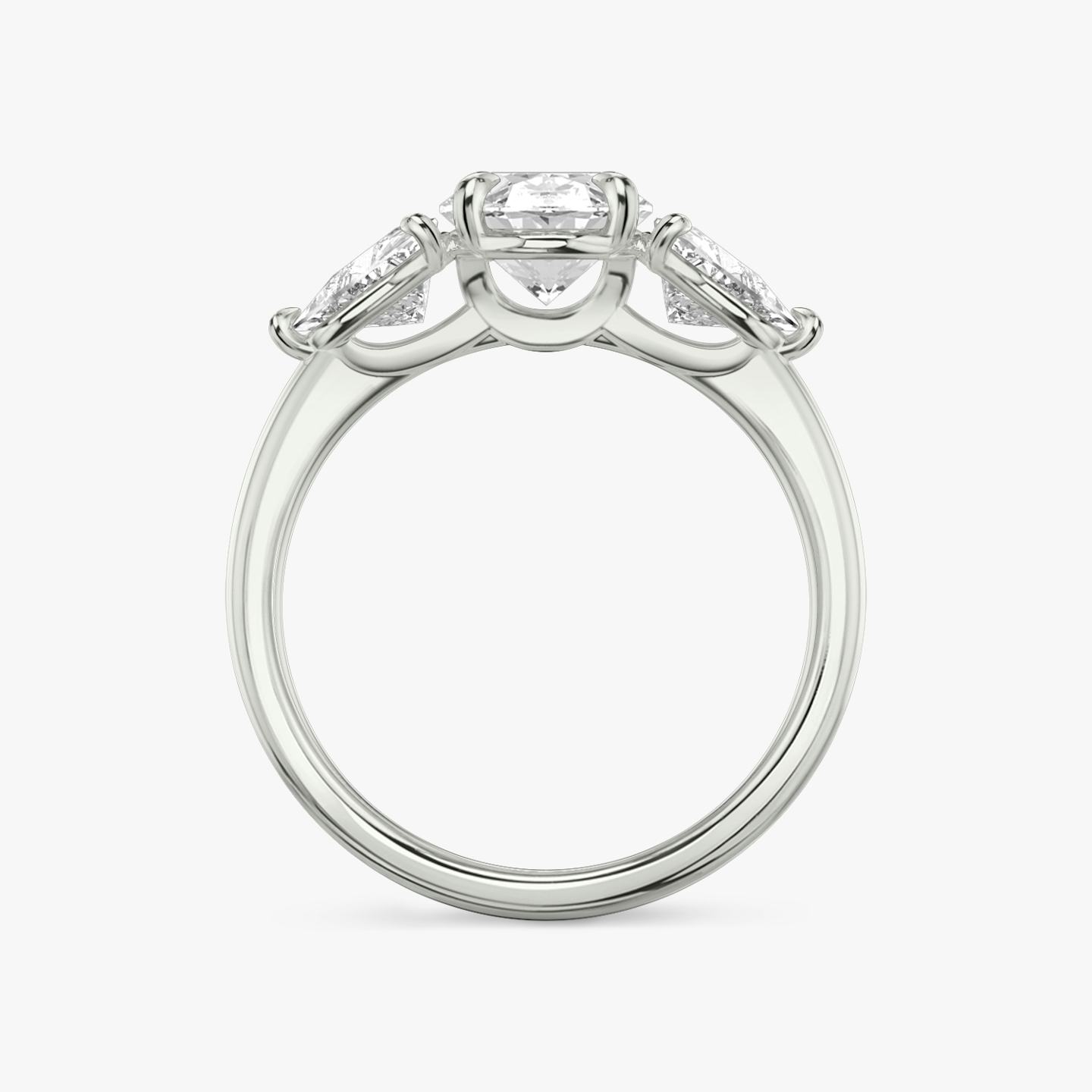 The Three Stone | Oval | Platinum | Band: Plain | Side stone carat: 1/2 | Side stone shape: Trillion | Diamond orientation: vertical | Carat weight: See full inventory