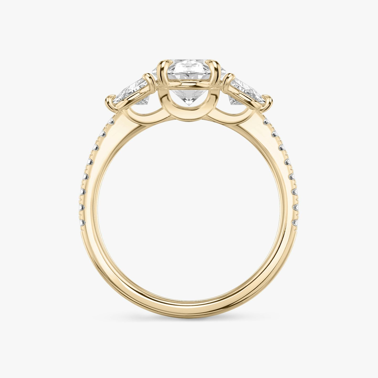 The Three Stone | Oval | 14k | 14k Rose Gold | Band: Pavé | Side stone carat: 1/4 | Side stone shape: Trillion | Diamond orientation: vertical | Carat weight: See full inventory