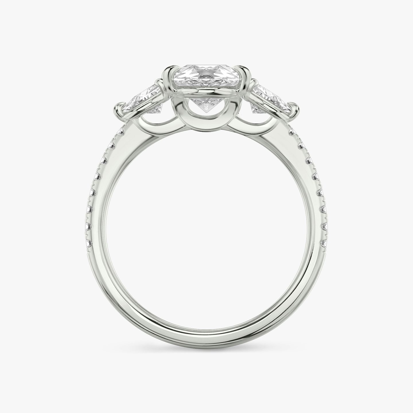The Three Stone | Pear | 18k | 18k White Gold | Band: Pavé | Side stone carat: 1/4 | Side stone shape: Trillion | Diamond orientation: vertical | Carat weight: See full inventory