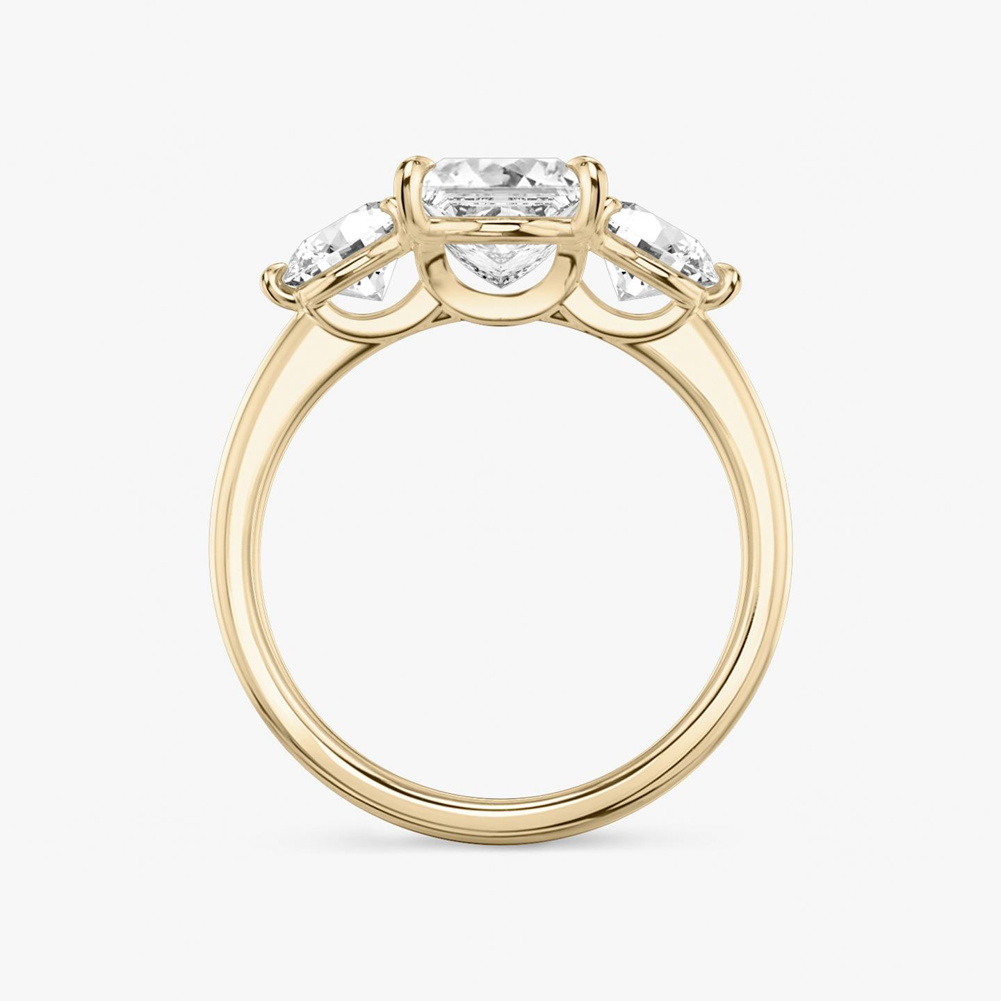 The Three Stone | Princess | 14k | 14k Rose Gold | Band: Plain | Side stone carat: 1/2 | Side stone shape: Round Brilliant | Diamond orientation: vertical | Carat weight: See full inventory