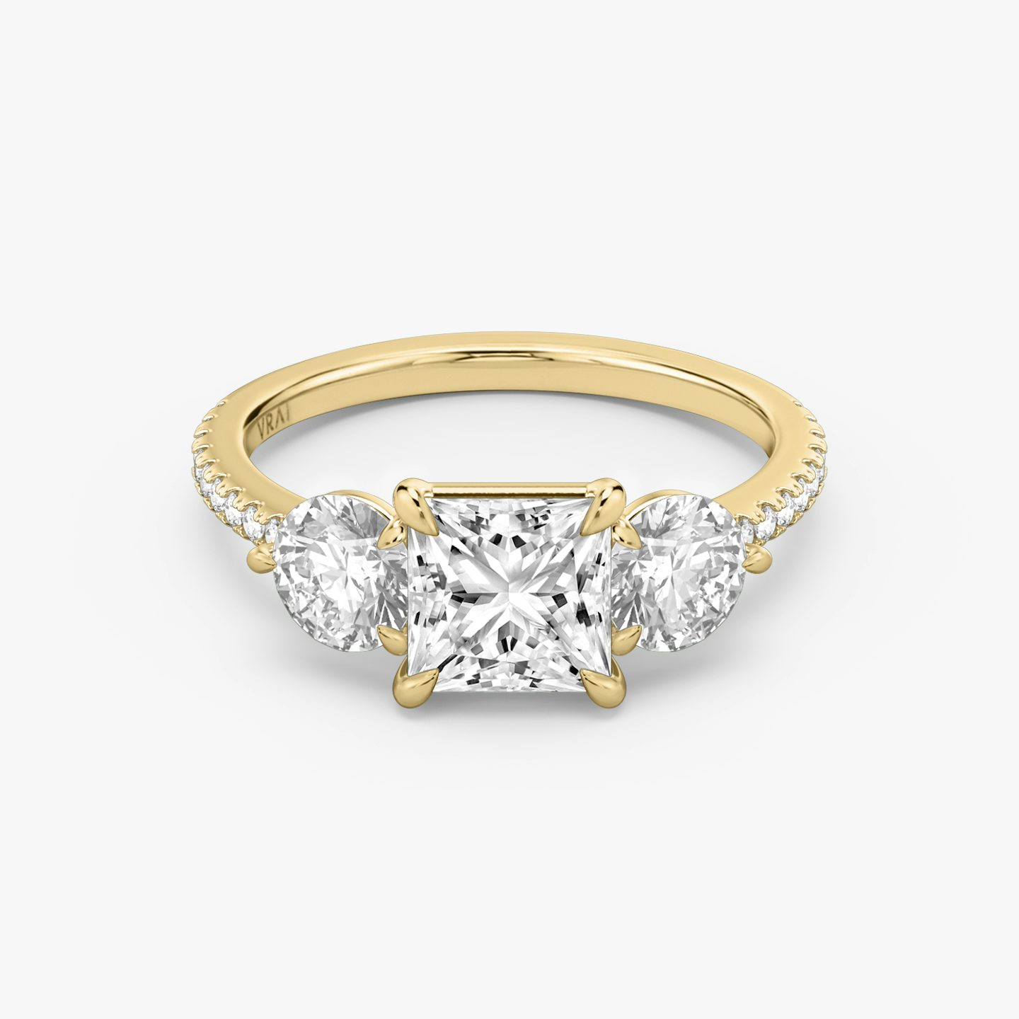 The Three Stone | Princess | 18k | 18k Yellow Gold | Band: Pavé | Side stone carat: 1/2 | Side stone shape: Round Brilliant | Diamond orientation: vertical | Carat weight: See full inventory