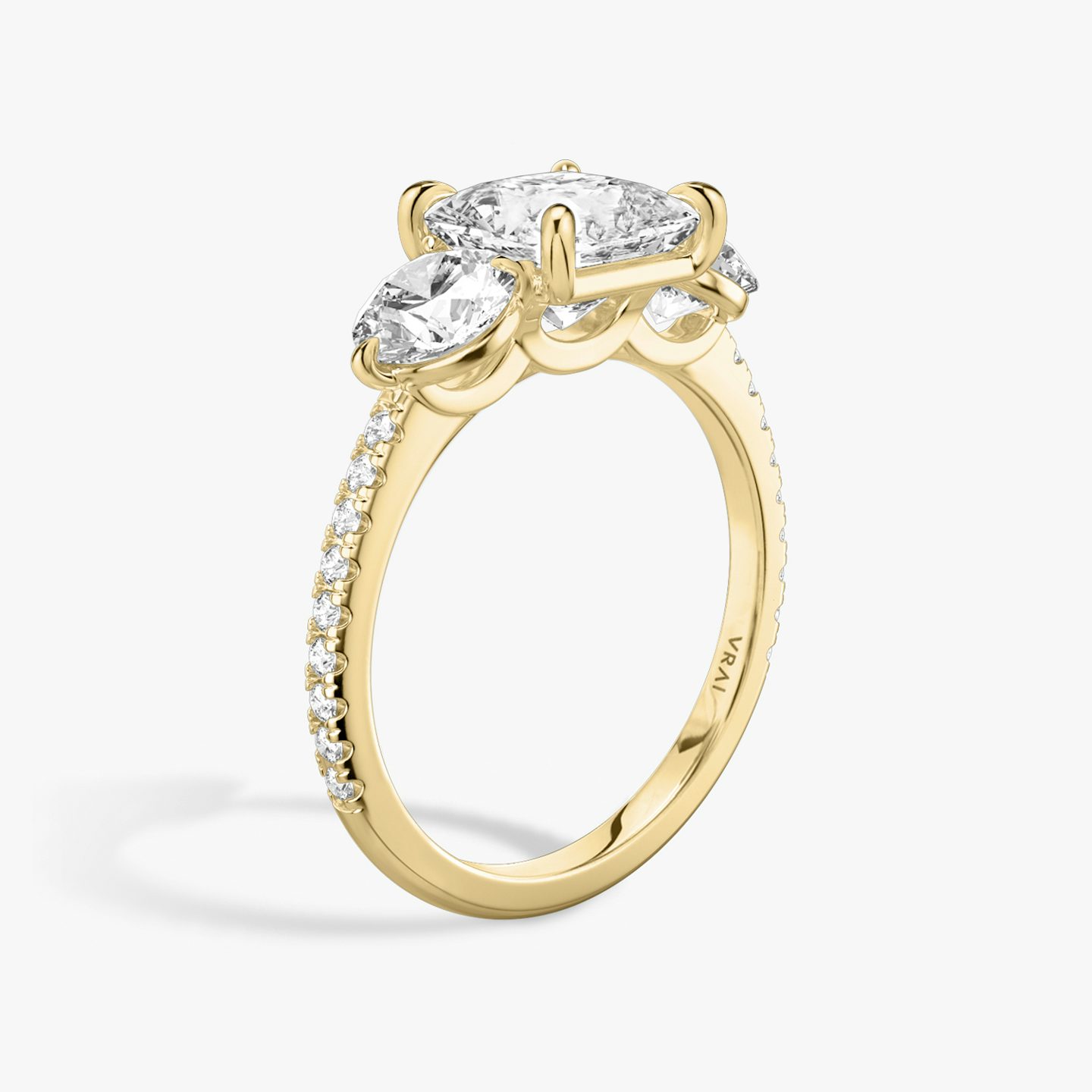 The Three Stone | Princess | 18k | 18k Yellow Gold | Band: Pavé | Side stone carat: 1/2 | Side stone shape: Round Brilliant | Diamond orientation: vertical | Carat weight: See full inventory