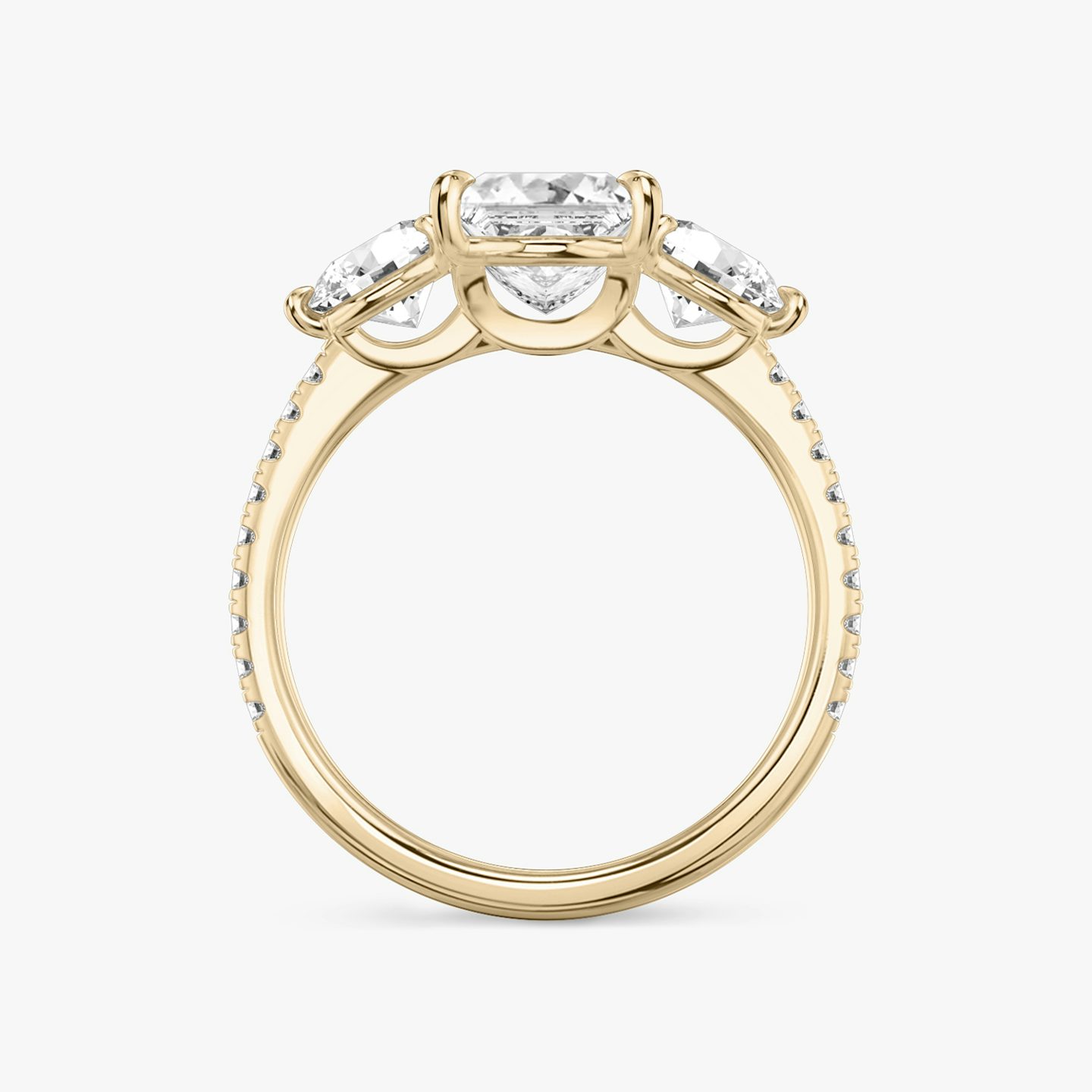 The Three Stone | Princess | 14k | 14k Rose Gold | Band: Pavé | Side stone carat: 1/2 | Side stone shape: Round Brilliant | Diamond orientation: vertical | Carat weight: See full inventory