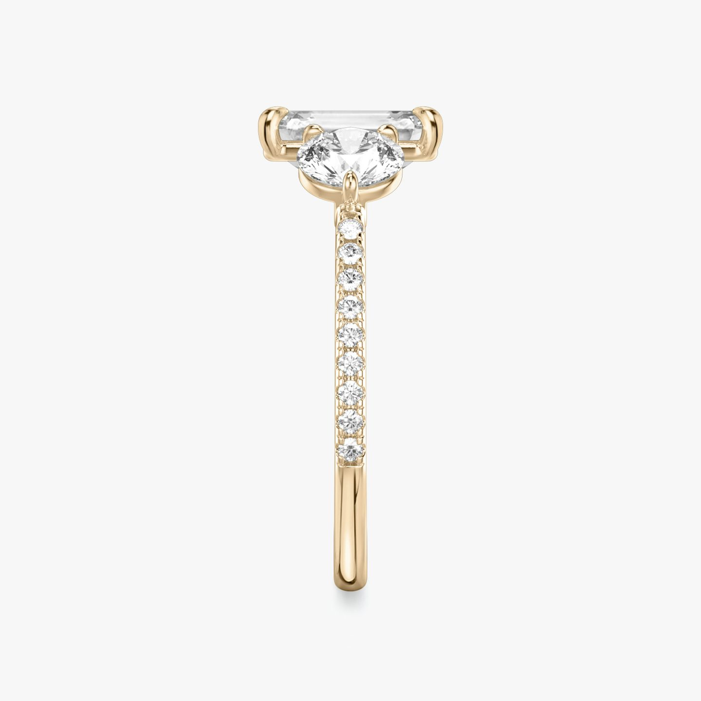 The Three Stone | Princess | 14k | 14k Rose Gold | Band: Pavé | Side stone carat: 1/2 | Side stone shape: Round Brilliant | Diamond orientation: vertical | Carat weight: See full inventory