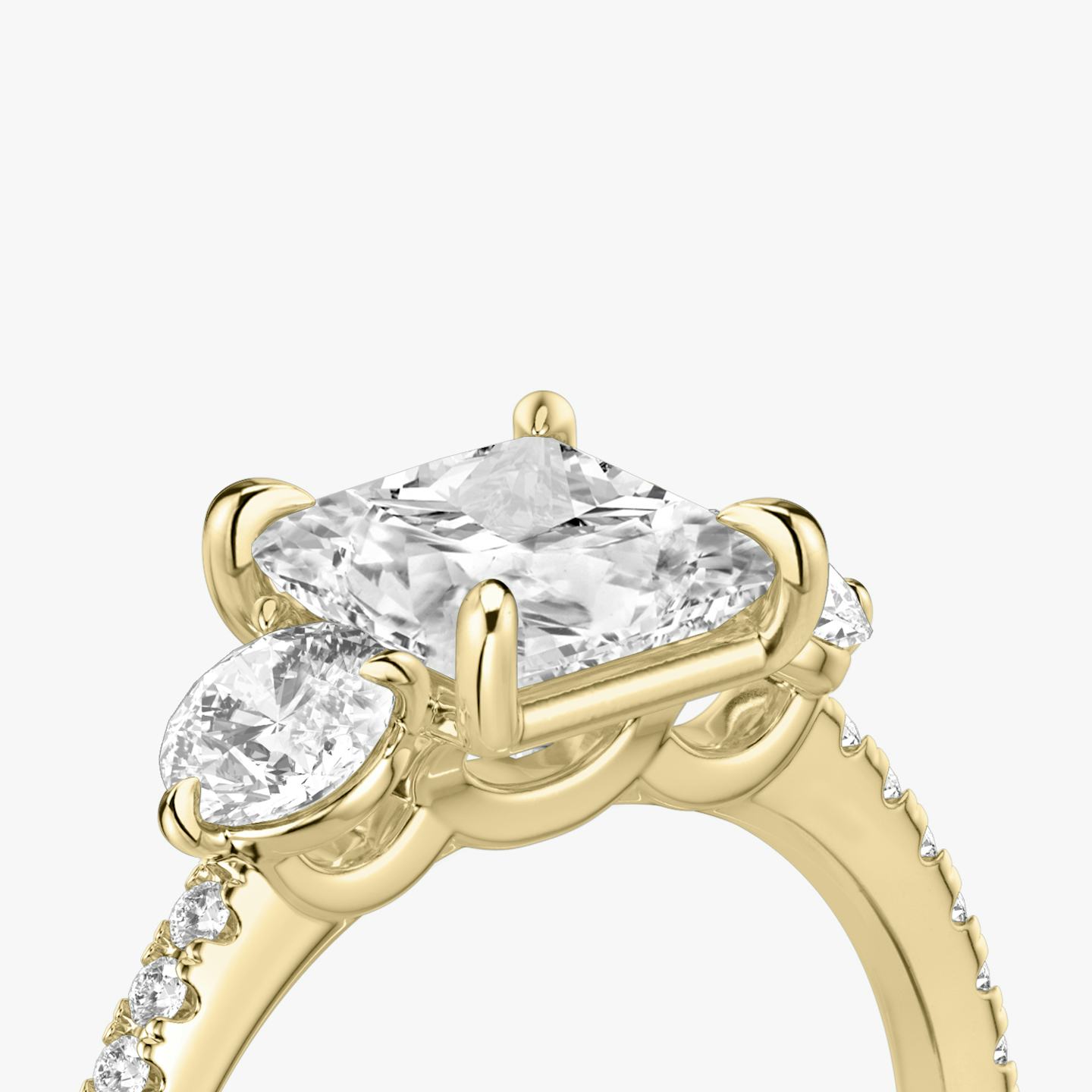 The Three Stone | Princess | 18k | 18k Yellow Gold | Band: Pavé | Side stone carat: 1/4 | Side stone shape: Round Brilliant | Diamond orientation: vertical | Carat weight: See full inventory