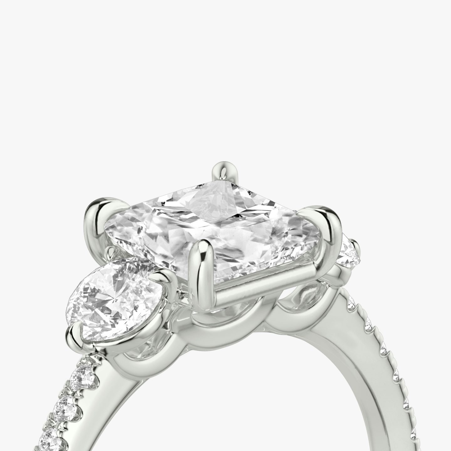 The Three Stone | Princess | 18k | 18k White Gold | Band: Pavé | Side stone carat: 1/4 | Side stone shape: Round Brilliant | Diamond orientation: vertical | Carat weight: See full inventory