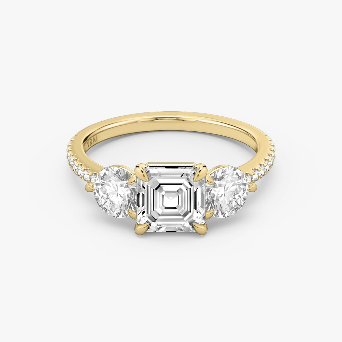 The Three Stone | Asscher | 18k | 18k Yellow Gold | Band: Pavé | Side stone carat: 1/2 | Side stone shape: Round Brilliant | Diamond orientation: vertical | Carat weight: See full inventory