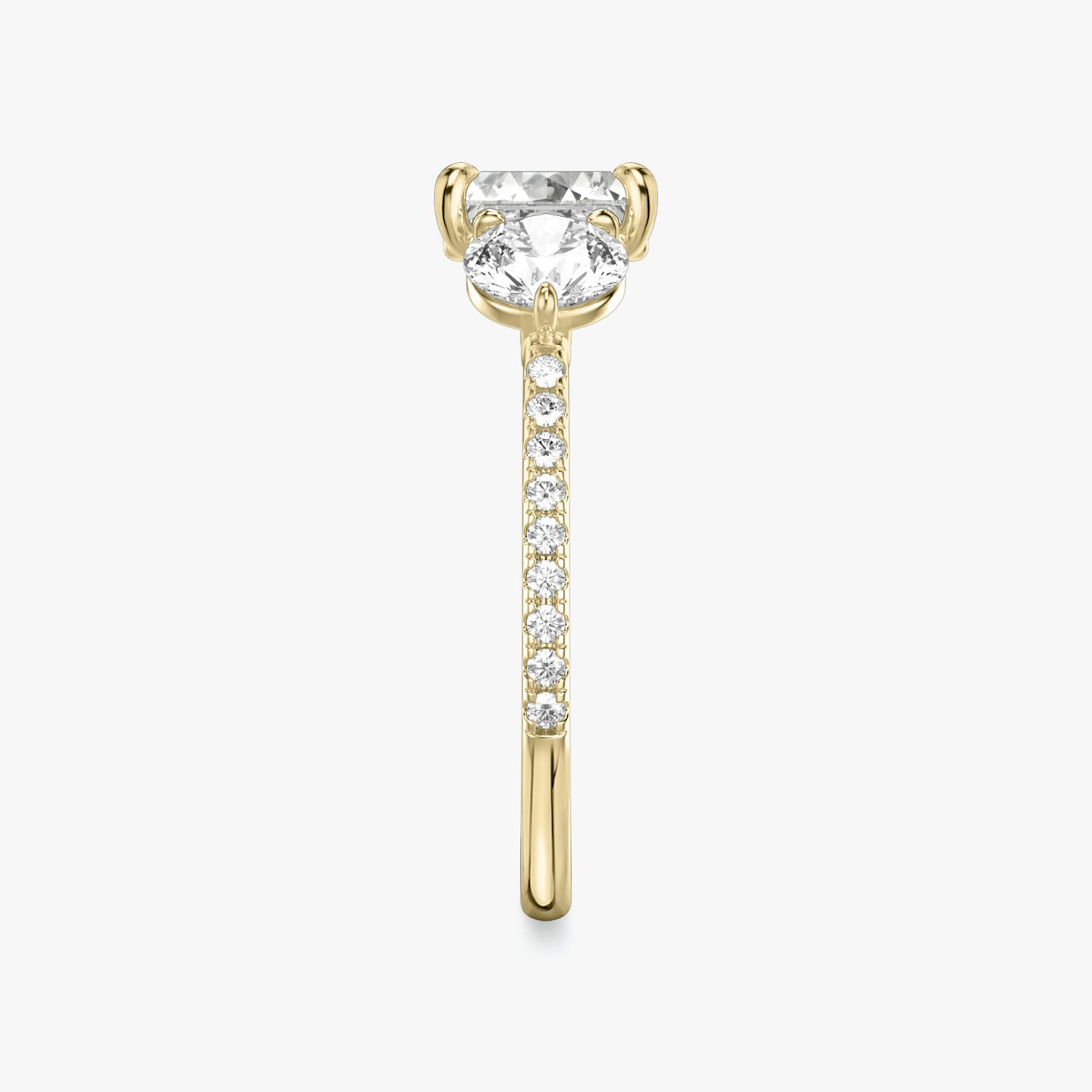 The Three Stone | Asscher | 18k | 18k Yellow Gold | Band: Pavé | Side stone carat: 1/2 | Side stone shape: Round Brilliant | Diamond orientation: vertical | Carat weight: See full inventory