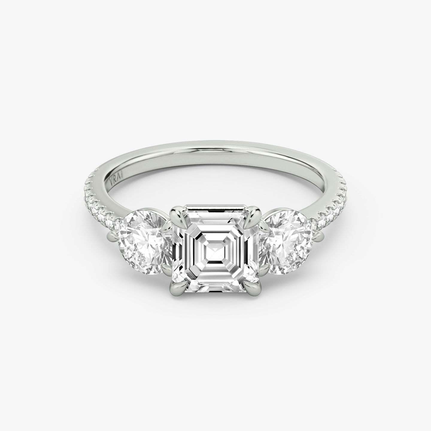 The Three Stone | Asscher | 18k | 18k White Gold | Band: Pavé | Side stone carat: 1/2 | Side stone shape: Round Brilliant | Diamond orientation: vertical | Carat weight: See full inventory