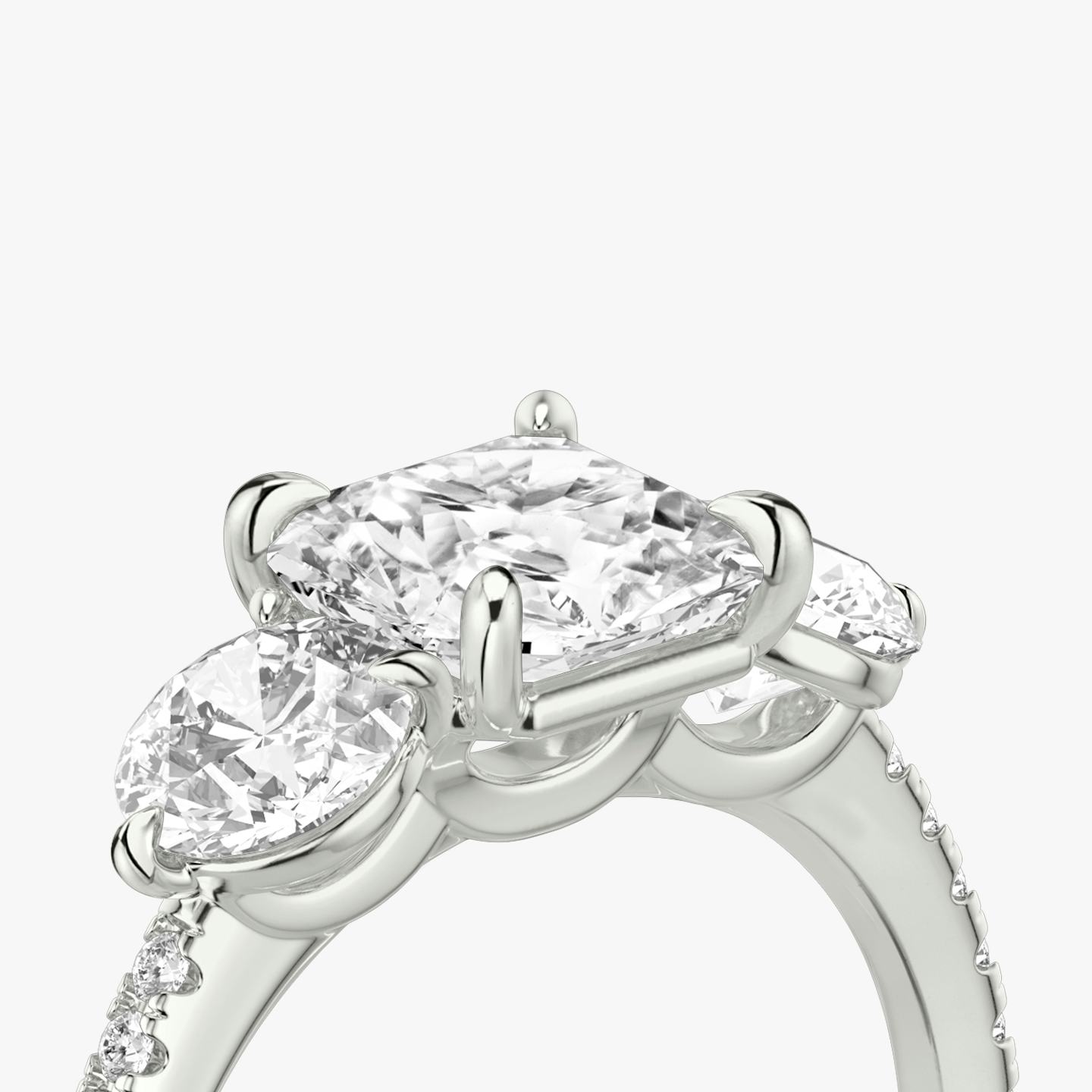 The Three Stone | Asscher | Platinum | Band: Pavé | Side stone carat: 1/2 | Side stone shape: Round Brilliant | Diamond orientation: vertical | Carat weight: See full inventory