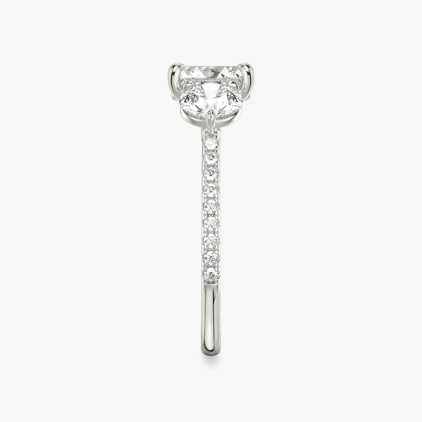 The Three Stone | Asscher | Platinum | Band: Pavé | Side stone carat: 1/2 | Side stone shape: Round Brilliant | Diamond orientation: vertical | Carat weight: See full inventory