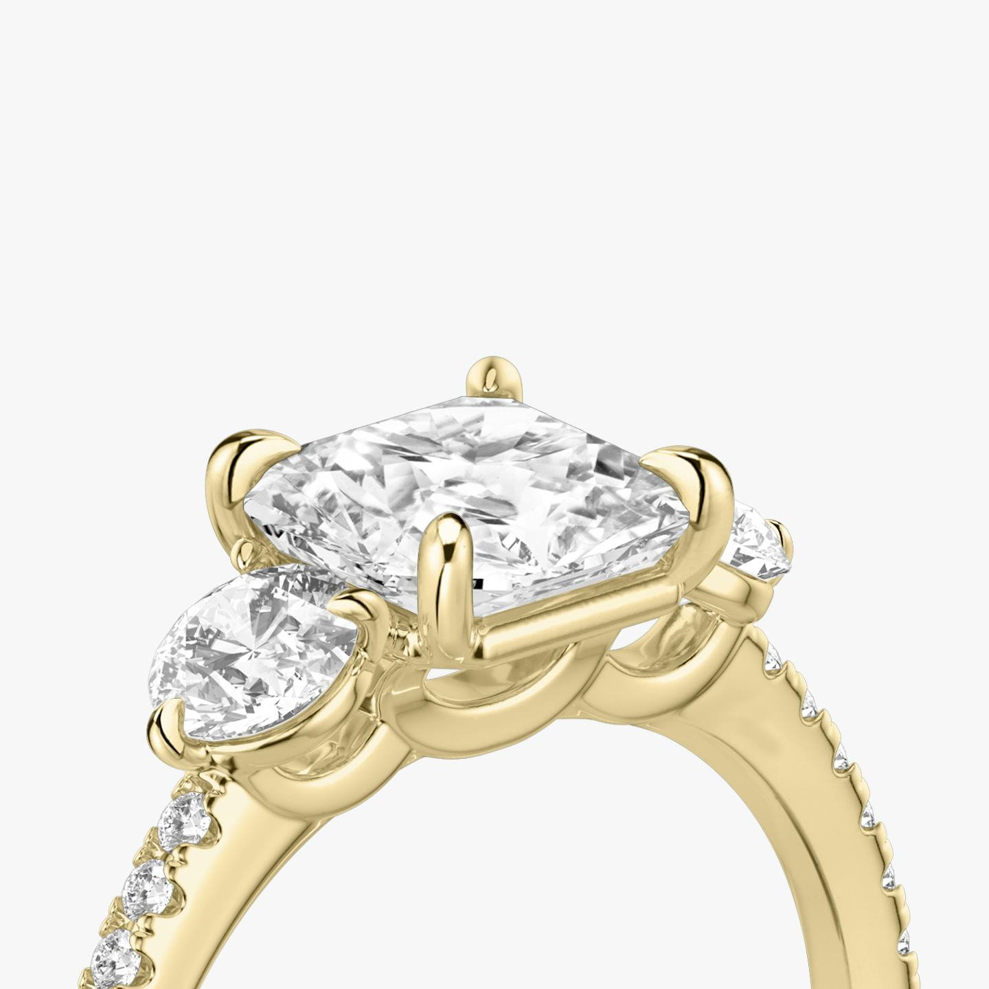 The Three Stone | Asscher | 18k | 18k Yellow Gold | Band: Pavé | Side stone carat: 1/4 | Side stone shape: Round Brilliant | Diamond orientation: vertical | Carat weight: See full inventory