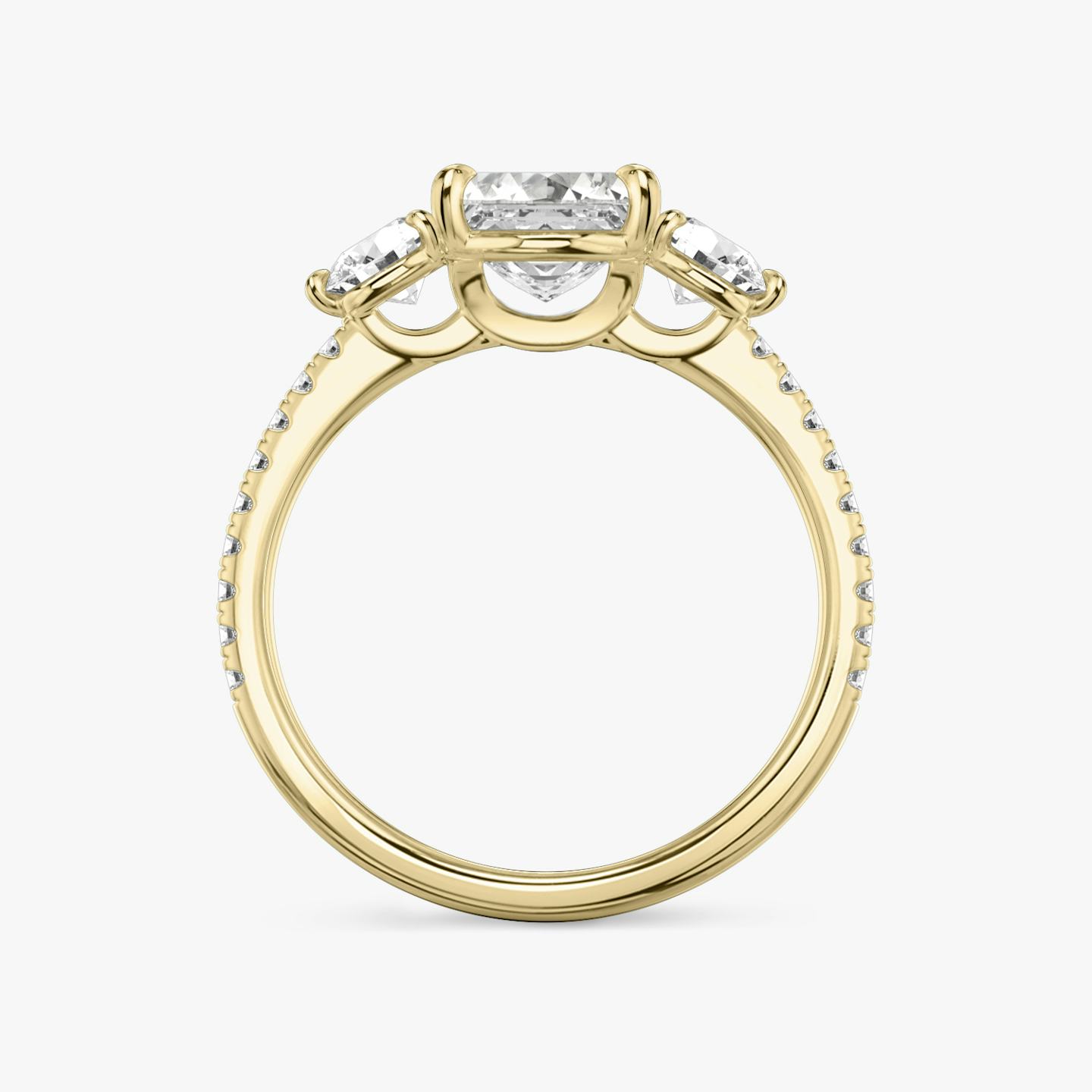 The Three Stone | Asscher | 18k | 18k Yellow Gold | Band: Pavé | Side stone carat: 1/4 | Side stone shape: Round Brilliant | Diamond orientation: vertical | Carat weight: See full inventory