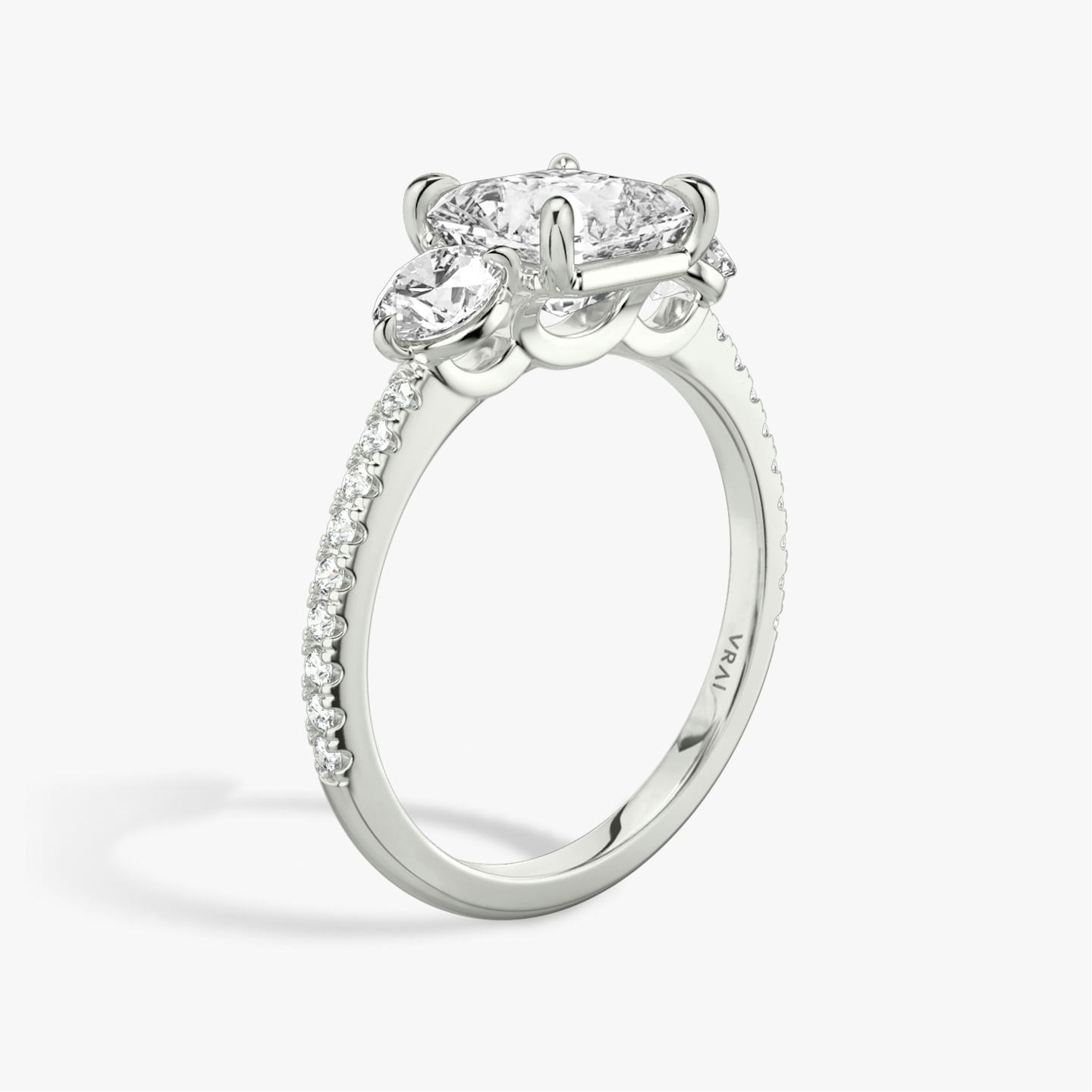 The Three Stone | Asscher | 18k | 18k White Gold | Band: Pavé | Side stone carat: 1/4 | Side stone shape: Round Brilliant | Diamond orientation: vertical | Carat weight: See full inventory