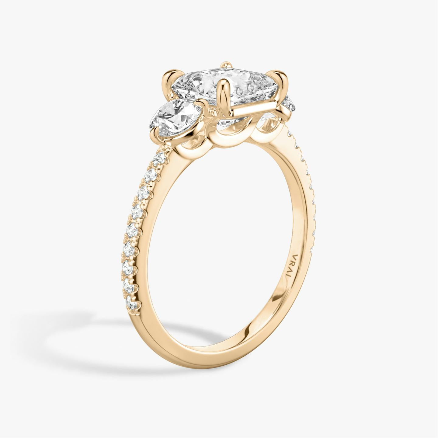 The Three Stone | Asscher | 14k | 14k Rose Gold | Band: Pavé | Side stone carat: 1/4 | Side stone shape: Round Brilliant | Diamond orientation: vertical | Carat weight: See full inventory