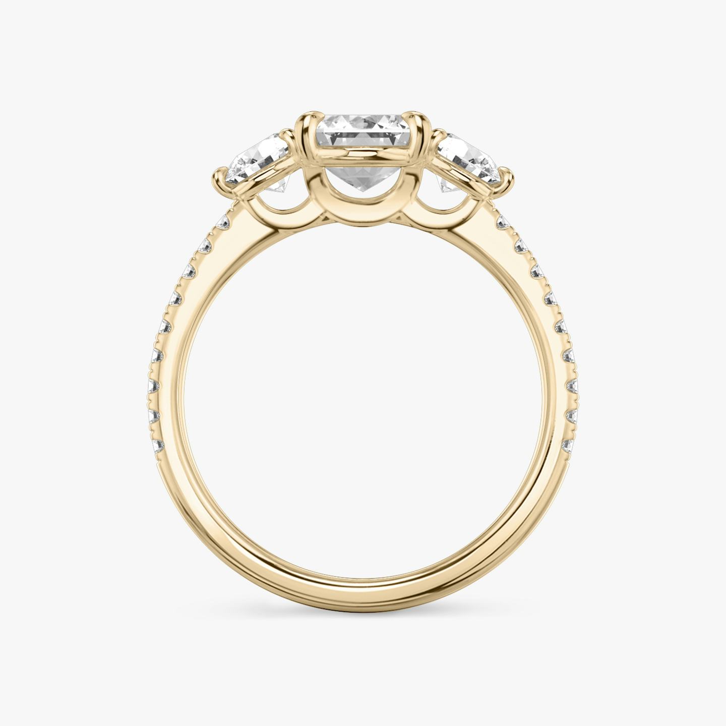 The Three Stone | Emerald | 14k | 14k Rose Gold | Band: Pavé | Side stone carat: 1/4 | Side stone shape: Round Brilliant | Diamond orientation: vertical | Carat weight: See full inventory