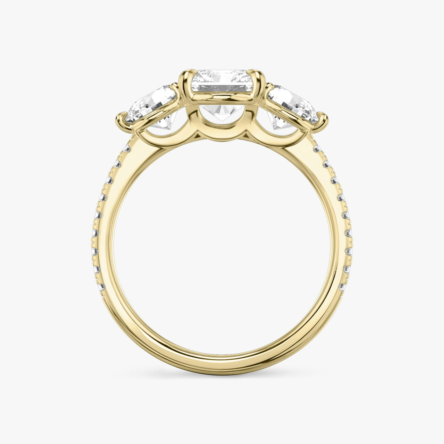 The Three Stone | Radiant | 18k | 18k Yellow Gold | Band: Pavé | Side stone carat: 1/2 | Side stone shape: Round Brilliant | Diamond orientation: vertical | Carat weight: See full inventory