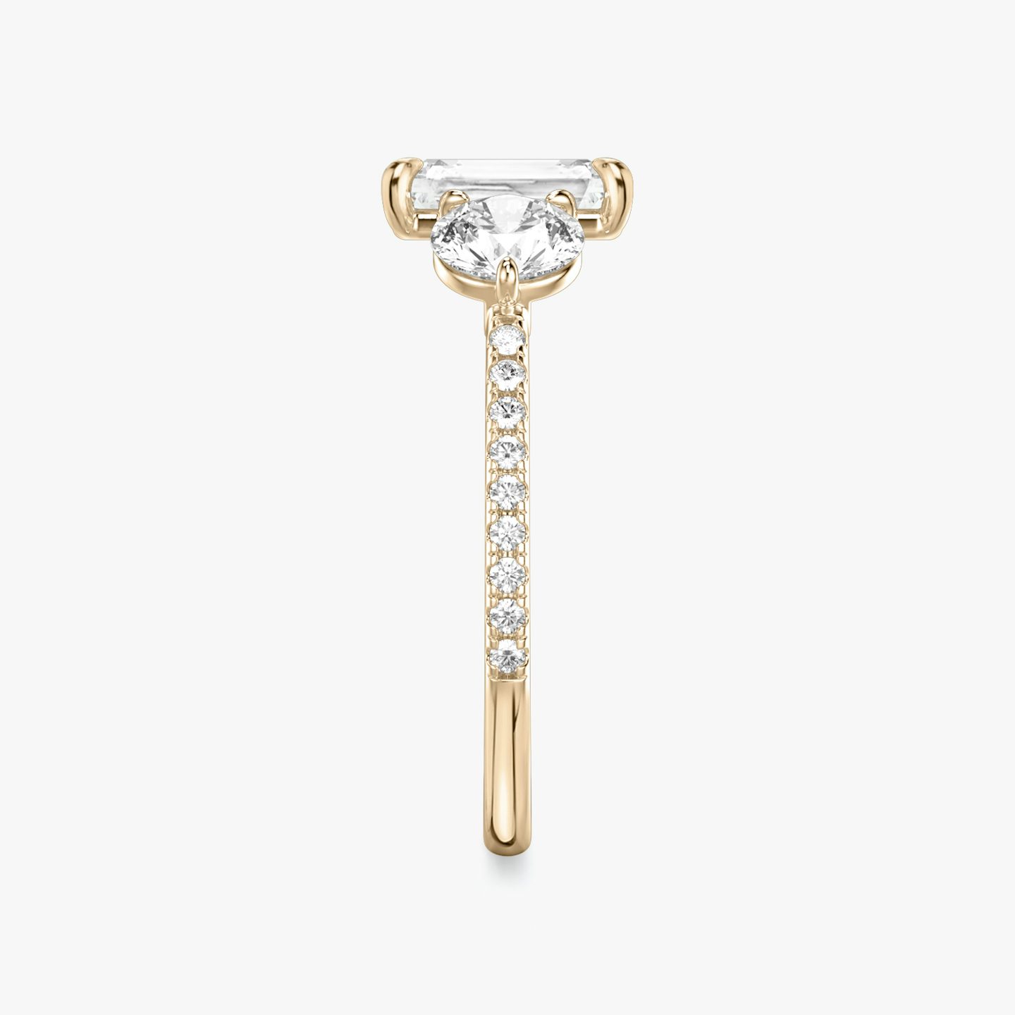 The Three Stone | Radiant | 14k | 14k Rose Gold | Band: Pavé | Side stone carat: 1/2 | Side stone shape: Round Brilliant | Diamond orientation: vertical | Carat weight: See full inventory