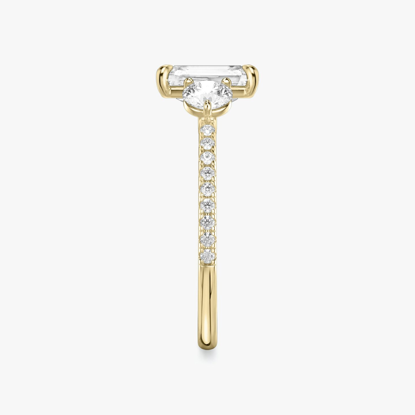 The Three Stone | Radiant | 18k | 18k Yellow Gold | Band: Pavé | Side stone carat: 1/4 | Side stone shape: Round Brilliant | Diamond orientation: vertical | Carat weight: See full inventory