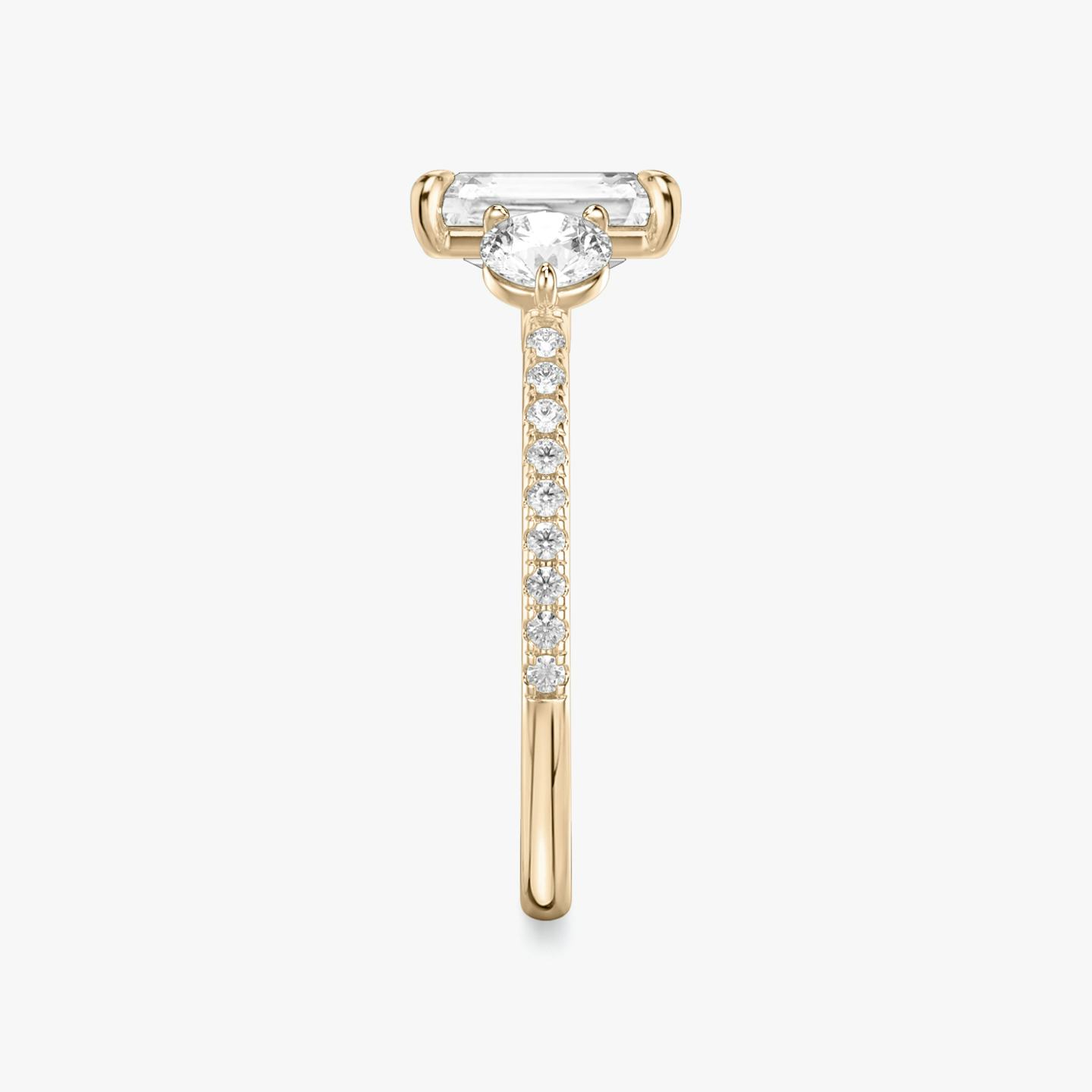 The Three Stone | Radiant | 14k | 14k Rose Gold | Band: Pavé | Side stone carat: 1/4 | Side stone shape: Round Brilliant | Diamond orientation: vertical | Carat weight: See full inventory