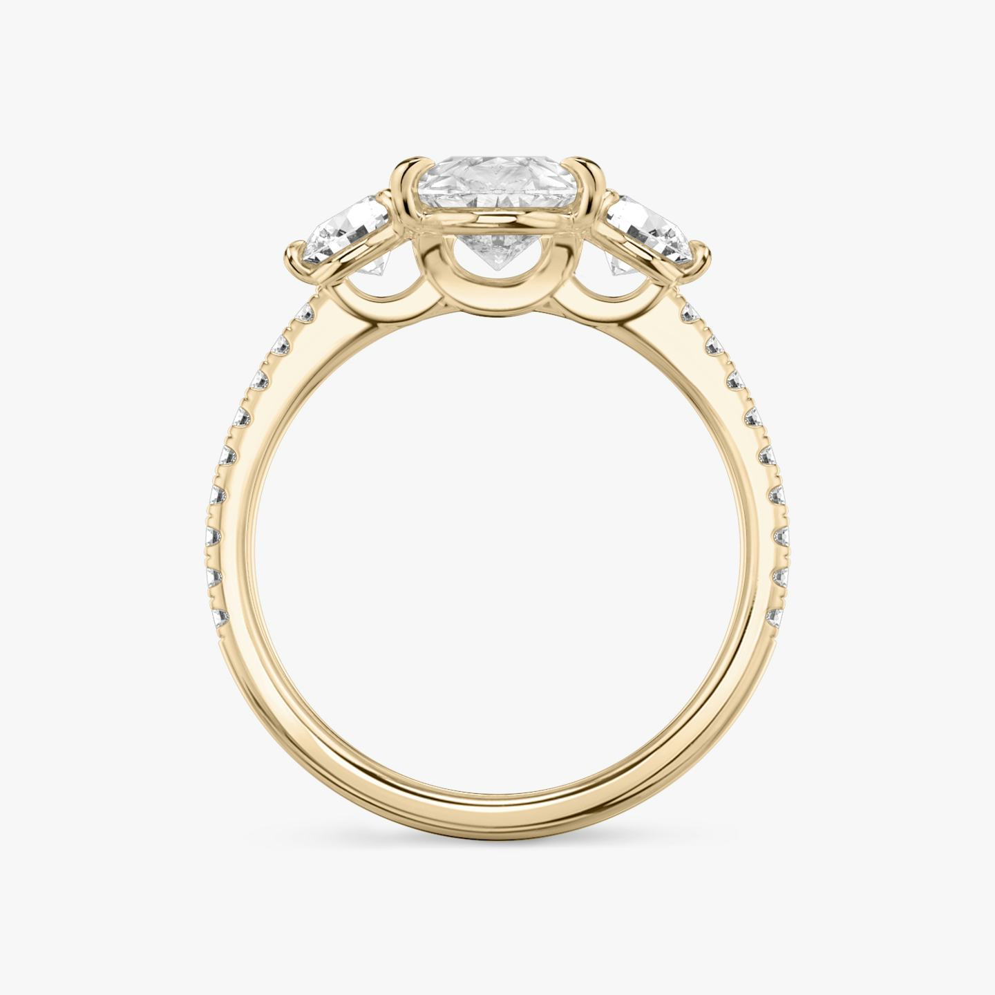 The Three Stone | Pear | 14k | 14k Rose Gold | Band: Pavé | Side stone carat: 1/4 | Side stone shape: Round Brilliant | Diamond orientation: vertical | Carat weight: See full inventory