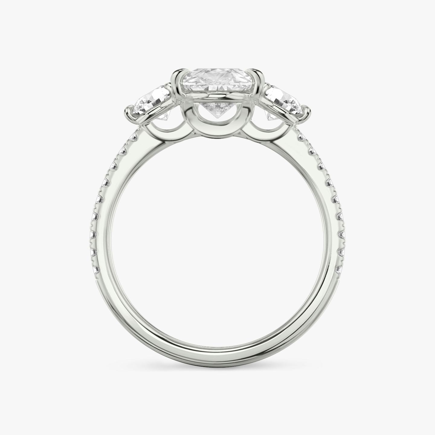 The Three Stone | Pear | Platinum | Band: Pavé | Side stone carat: 1/4 | Side stone shape: Round Brilliant | Diamond orientation: vertical | Carat weight: See full inventory