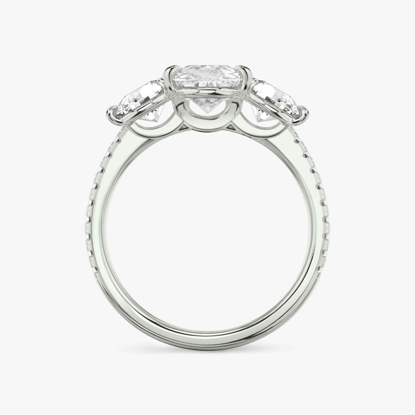 The Three Stone | Pear | Platinum | Band: Pavé | Side stone carat: 1/2 | Side stone shape: Round Brilliant | Diamond orientation: vertical | Carat weight: See full inventory