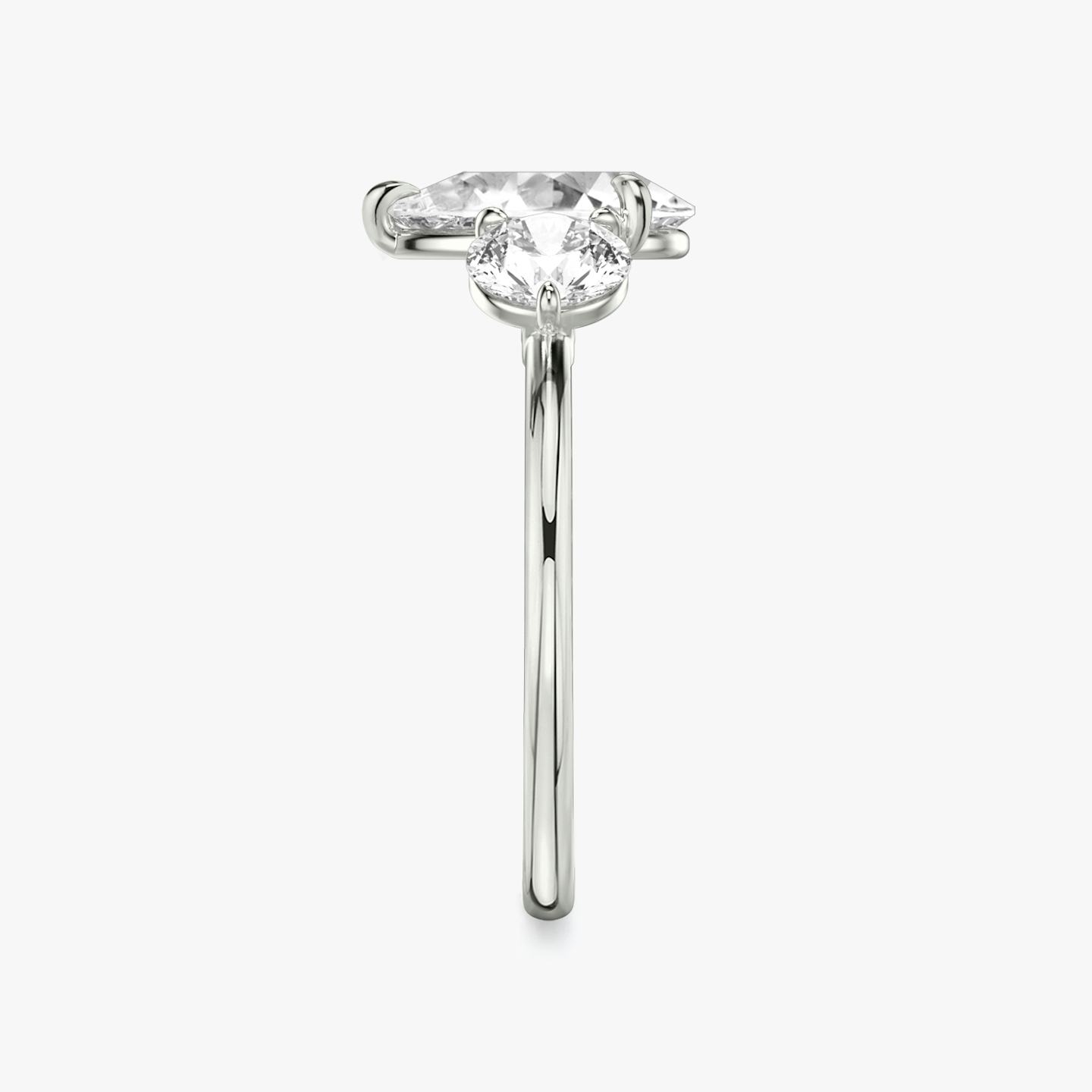 The Three Stone | Pear | Platinum | Band: Plain | Side stone carat: 1/2 | Side stone shape: Round Brilliant | Diamond orientation: vertical | Carat weight: See full inventory