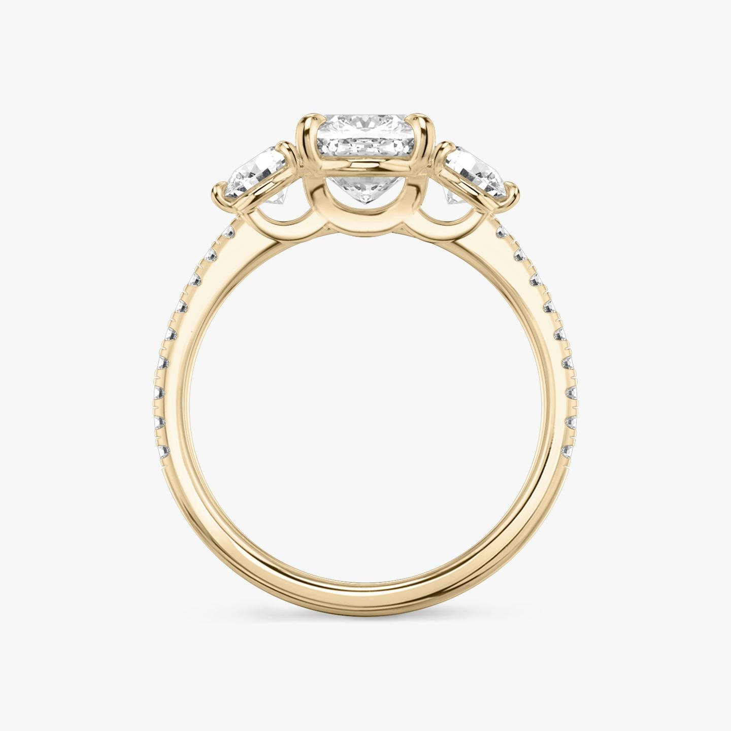 The Three Stone | Pavé Cushion | 14k | 14k Rose Gold | Band: Pavé | Side stone carat: 1/4 | Side stone shape: Round Brilliant | Diamond orientation: vertical | Carat weight: See full inventory