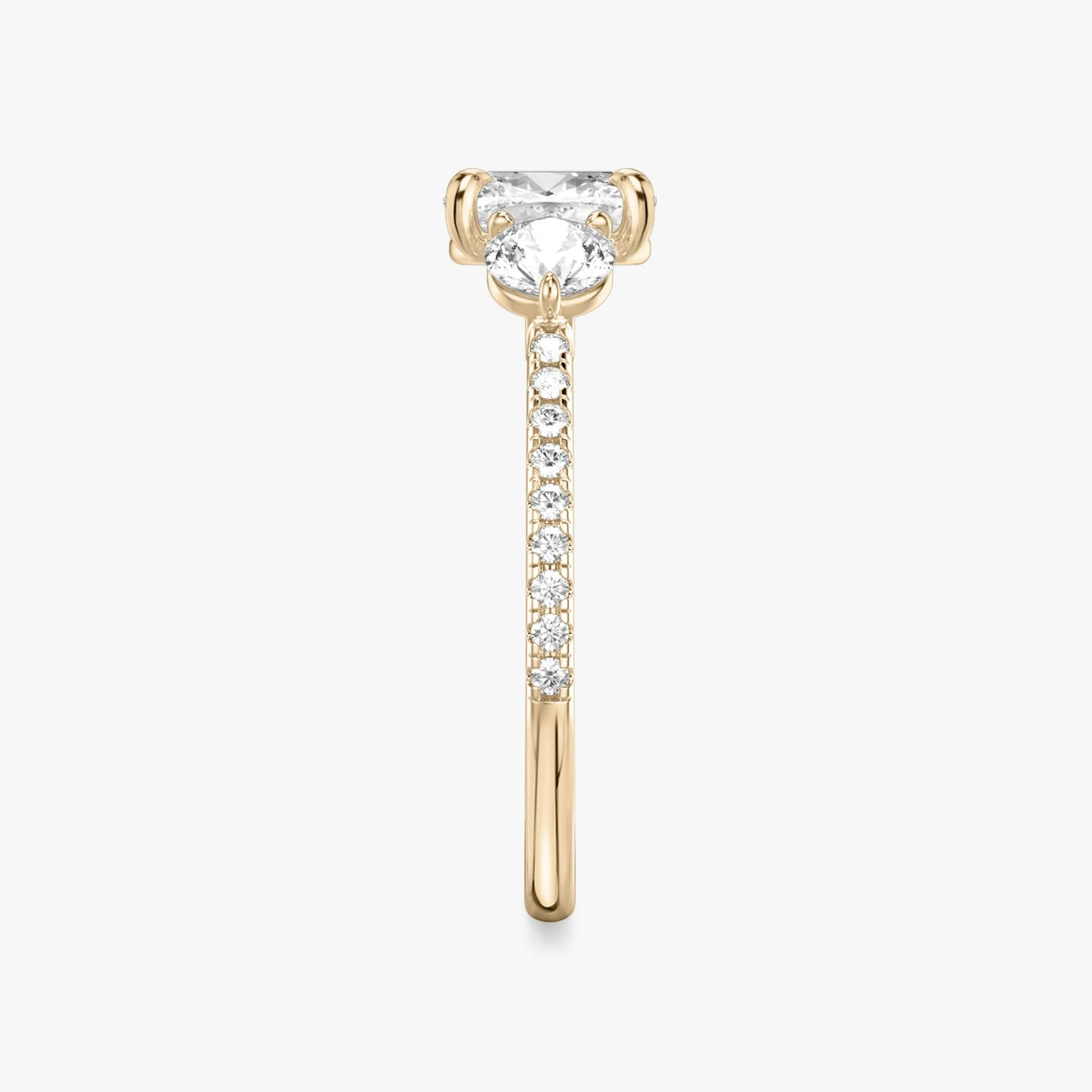 The Three Stone | Pavé Cushion | 14k | 14k Rose Gold | Band: Pavé | Side stone carat: 1/4 | Side stone shape: Round Brilliant | Diamond orientation: vertical | Carat weight: See full inventory
